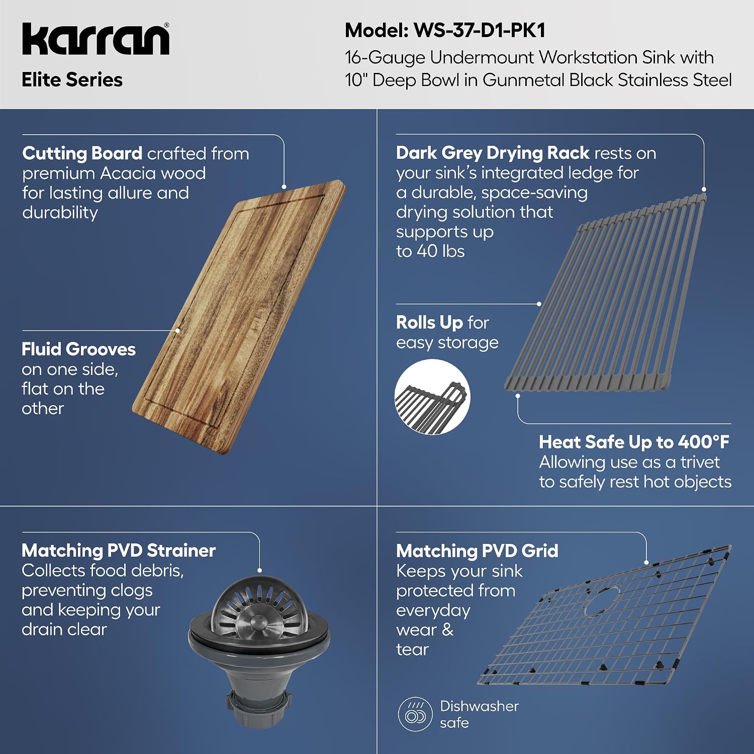 Karran Elite 32 Inch Gunmetal Black Workstation Kitchen Sink, 16 Gauge Nano PVD Stainless Steel Undermount Sink, Deep Single Bowl with Grid, Cutting Board, Drying Mat & Strainer
