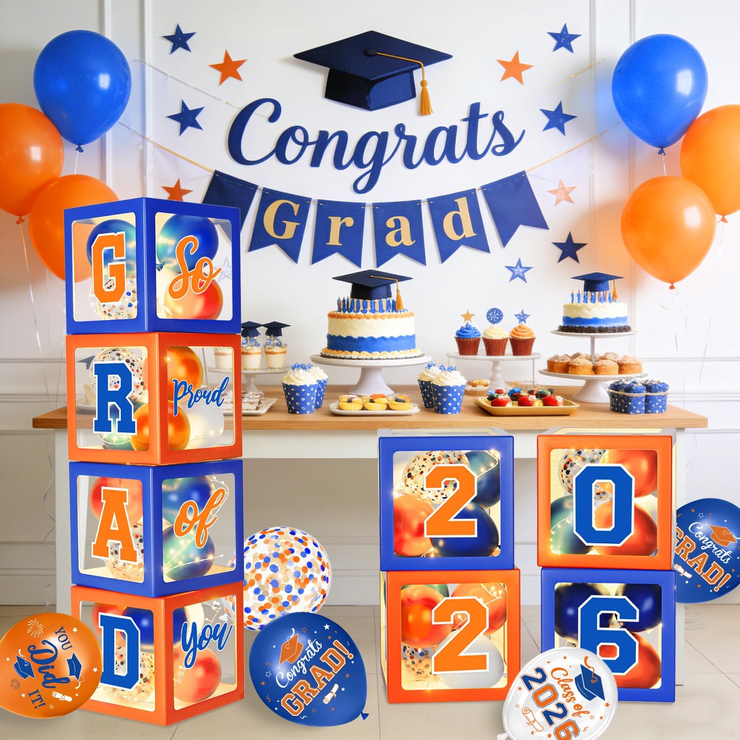 Graduation Decorations Class of 2026 - Orange and Blue Graduation Decorations - Balloons Boxes with Letters 2026 GRAD So Proud of You, Congrats Grad Party Decorations for Any Grades