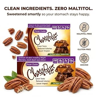 ChocoRite ChocoRite Pecan Cluster, 18 Ounce | Keto friendly pecan clusters with no sugar added, rich milk chocolate, caramel crunch & 2g net carbs per serving, 16 ct pack.