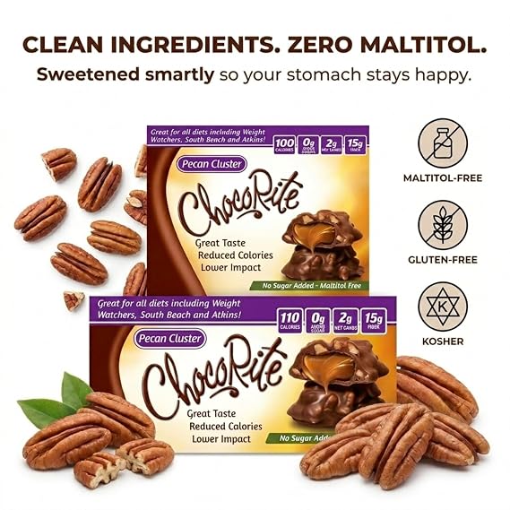 ChocoRite ChocoRite Pecan Cluster, 18 Ounce | Keto friendly pecan clusters with no sugar added, rich milk chocolate, caramel crunch & 2g net carbs per serving, 16 ct pack.