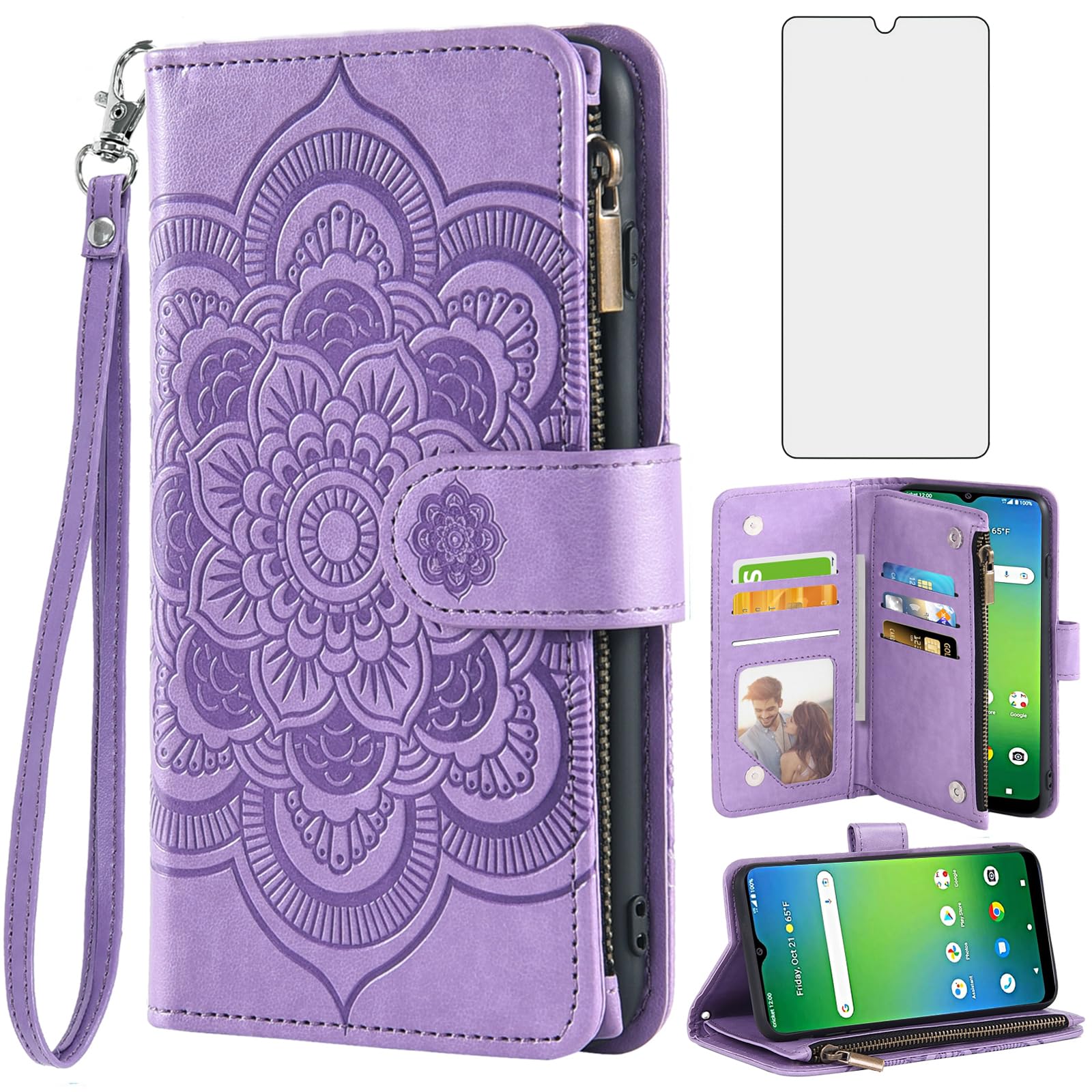 Asuwish Phone Case for Cricket Icon 4 Wallet Cover with Tempered Glass Screen Protector and Flower Leather Flip Credit Card Holder Stand Folio Purse Lanyard Cell Accessories WTCKT01 Women Men Purple