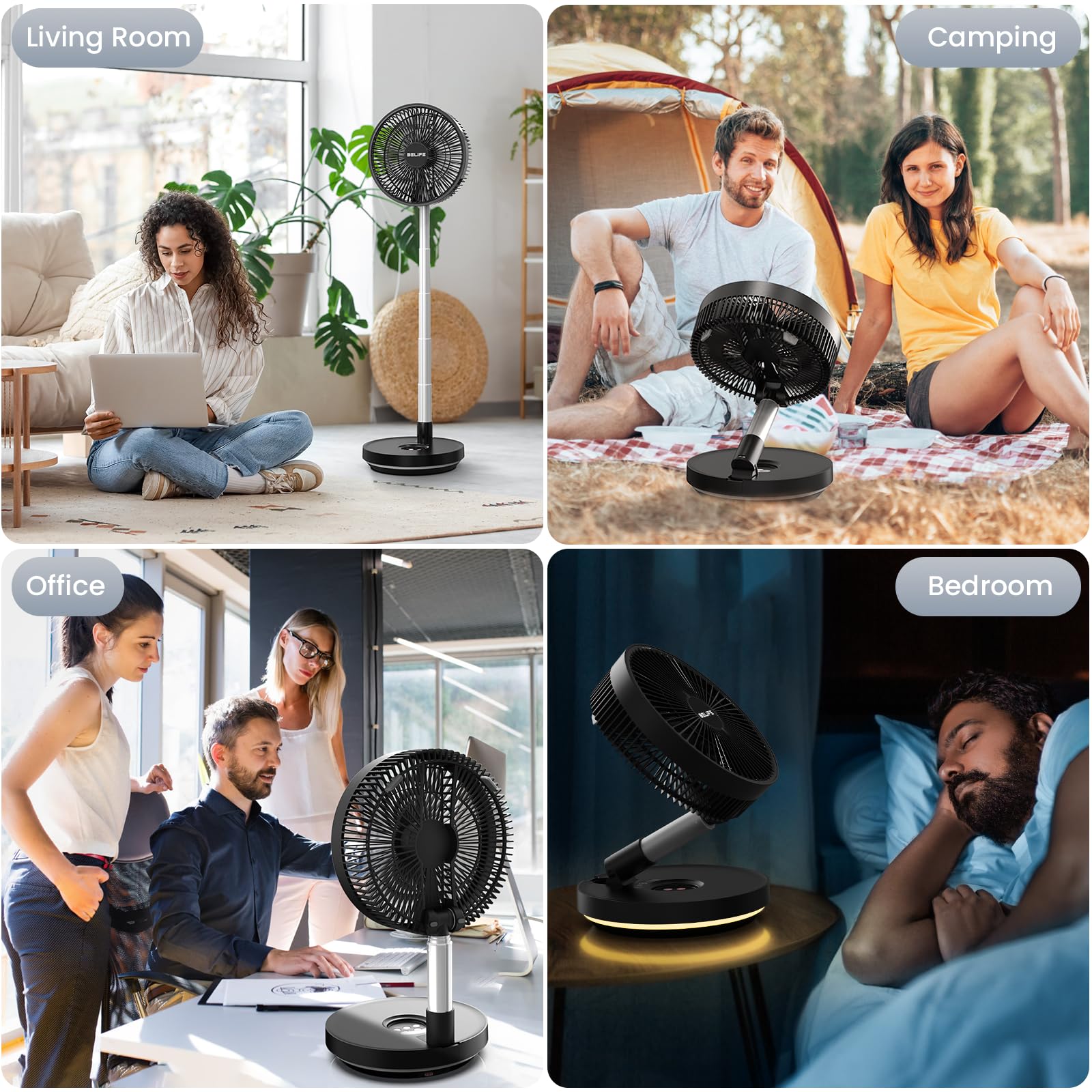 Belife X10 Ventilatore portatile, senza fili, a batteria, 7200 mAh, ventilatore oscillante ricaricabile, telecomando e pieghevole telescopico ventilatore da campeggio (nero)