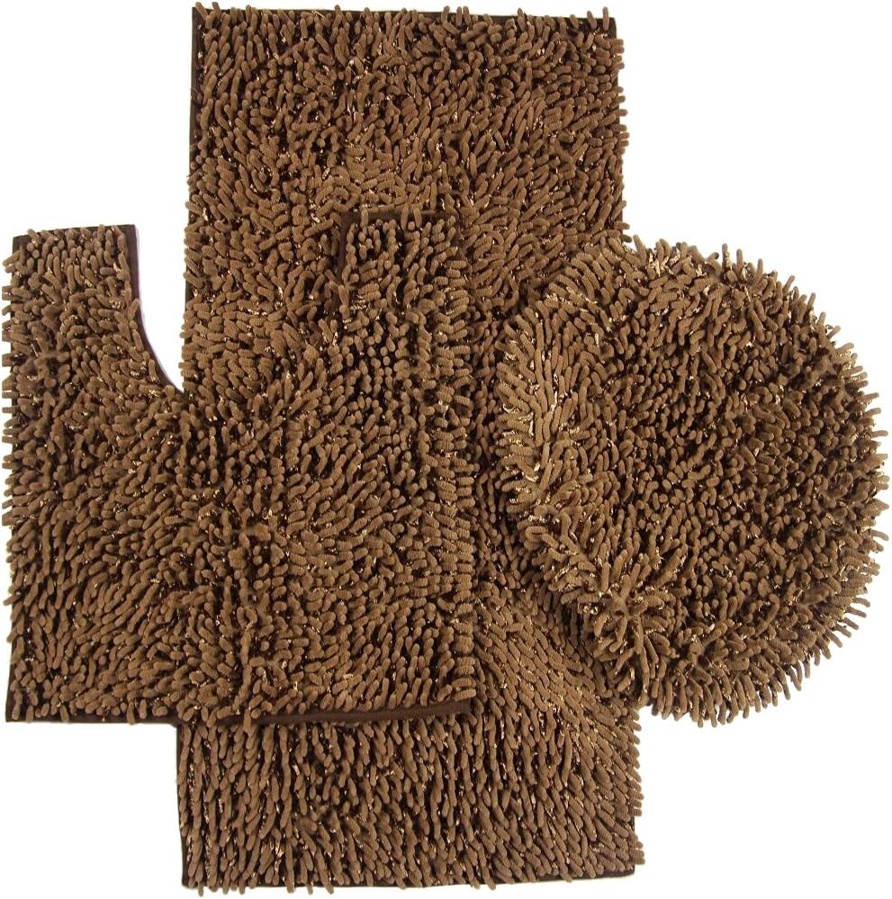 Daniel's Bath & Beyond 3 Piece Bath Set with 20" x 31" Bath Mat, 20" x 18" Contour Mat and 20" x 18" Lid, Chenille/Shiny Olive Green