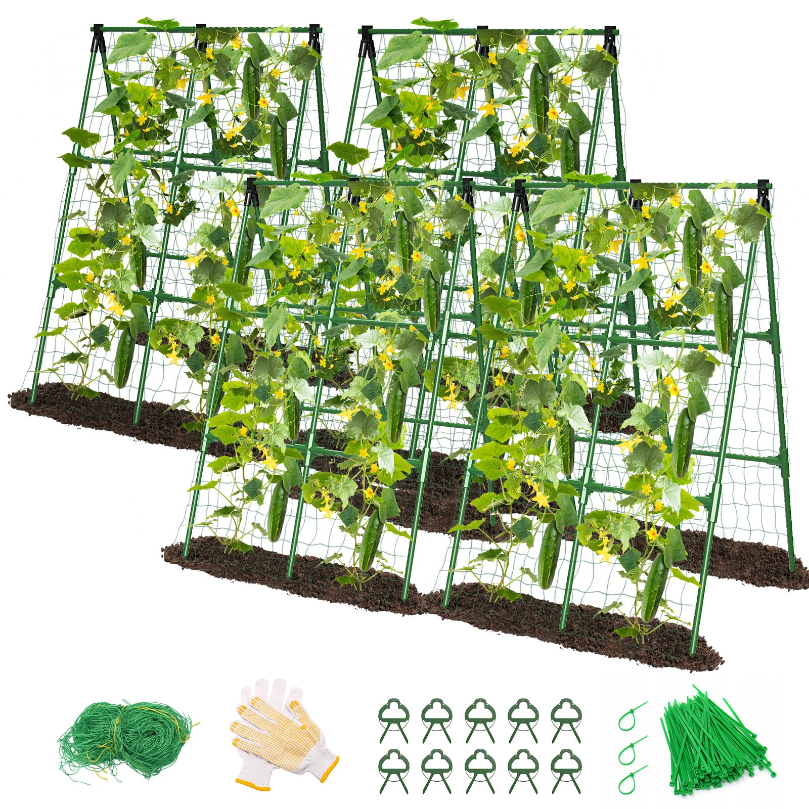 MYMULIKE Paquete de 4 enrejados de pepino, enrejado de jardín para plantas trepadoras al aire libre, enrejado de pepino con marco en A para cama elevada, soporte de cultivo de plantas para tomate
