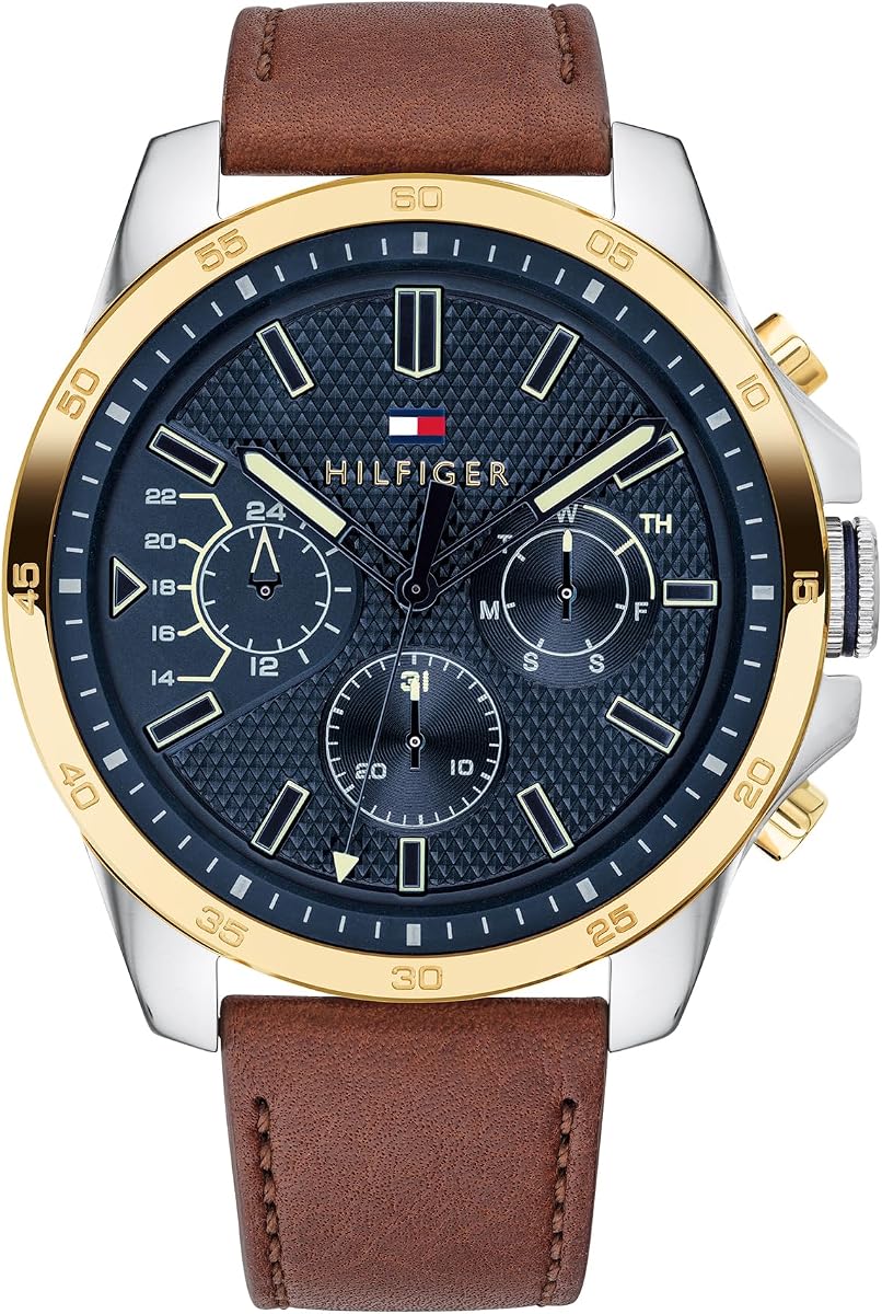 Analogue Multifunction Quartz Watch for Men with Silicone, Stainless Steel or Leather Bracelet, Day & Date Sub-Dials, 5ATM Water Resistant