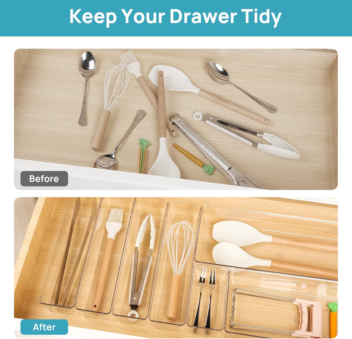 Vtopmart 7 PCS Kitchen Drawer Organizer, 4 Size Clear Plastic Utensil Organizer, Silverware Flatware Organizer for Drawer, Cutlery Organizer Tray for Kitchen, Drawer Storage Bins for Makeup, Bathroom