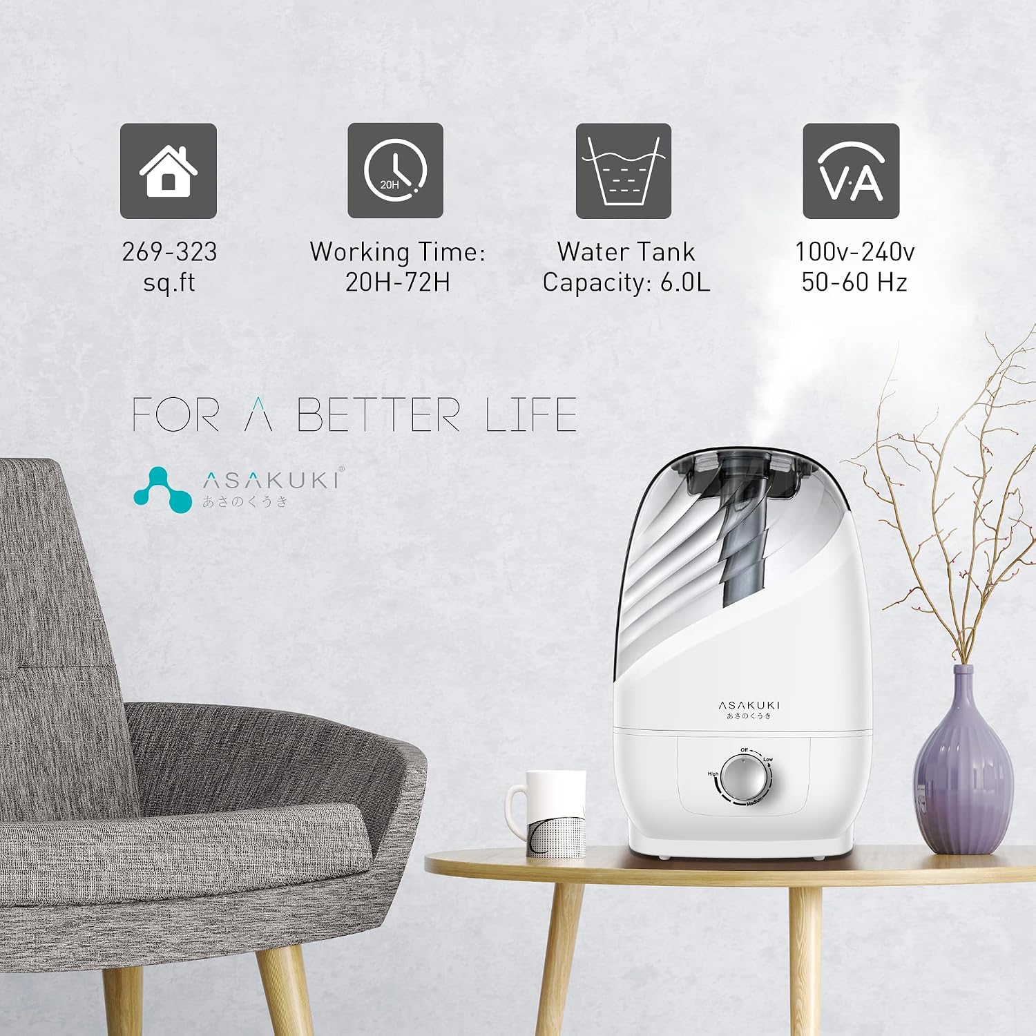 ASAKUKI Cool Mist Humidifier with Aroma Diffuser, Lasts up to 40 Hours with Waterless Safety Switch & 14 LED Colors, Easy to Clean