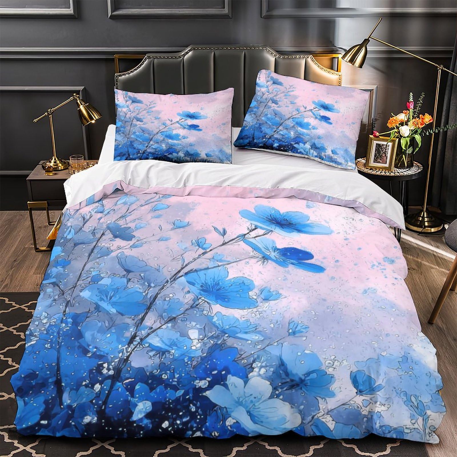 Parure de lit fleurs bleues 140x200 housse de couette single fille