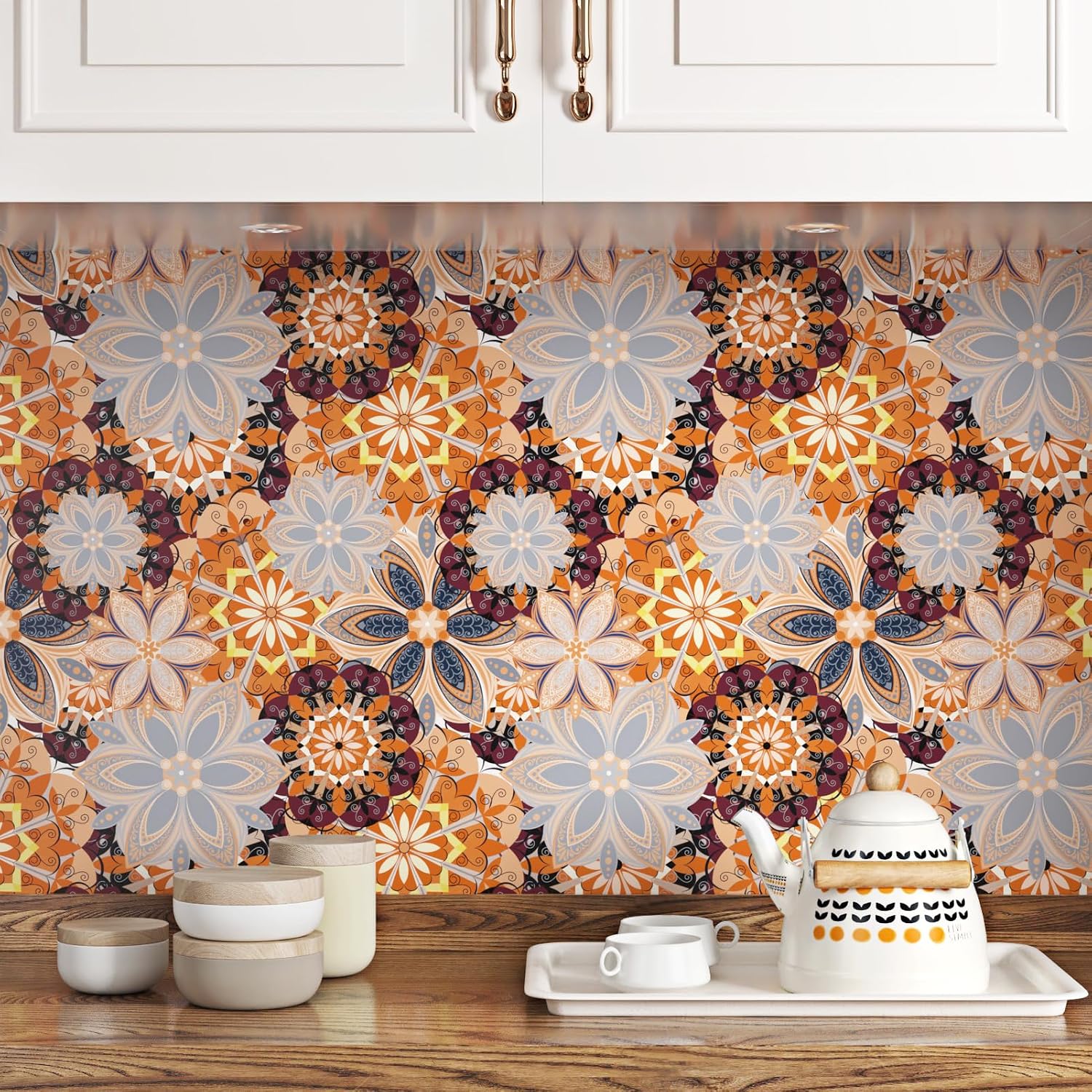 Wallercity Orange/Yellow Boho Floral Peel and Stick Wallpaper for Kitchen Bathroom Waterproof Self Adhesive Vintage Contact Paper for Countertops Cabinets 17.5''x315'' Vinyl Leaf Wrap for Shelf Table