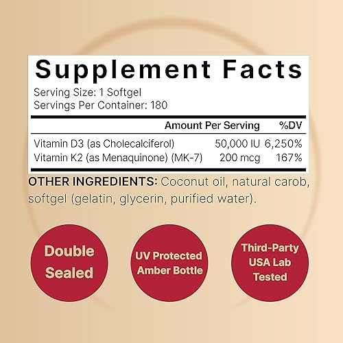 Miniatura 2 de NatureBell Vitamina D3 50,000 UI + K2 200 mcg, 180 cápsulas blandas  Fórmula una vez a la semana con aceite de coco  Máxima fuerza ósea, corazón e