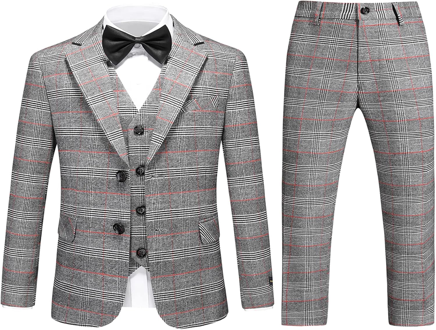 Boys Slim Fit Suit Tuxedo for Boy Check Plaid 3 Piece Suit Set for Kid Formal Boys Dress Clothes Wedding Ring Bearer Outfit