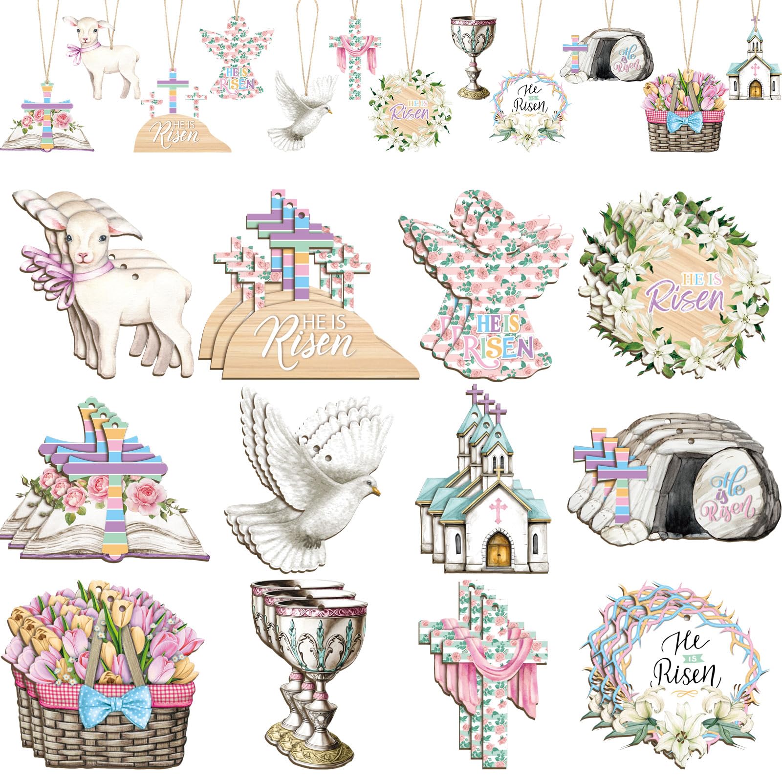 Photo 1 of 36 Pcs Religious Easter Hanging Ornament for Tree, He is Risen Double Sided Printed Wood Sign Macaron Cross Hanging Decoration Christian Wood Cutout with String for Easter Tree Decorations