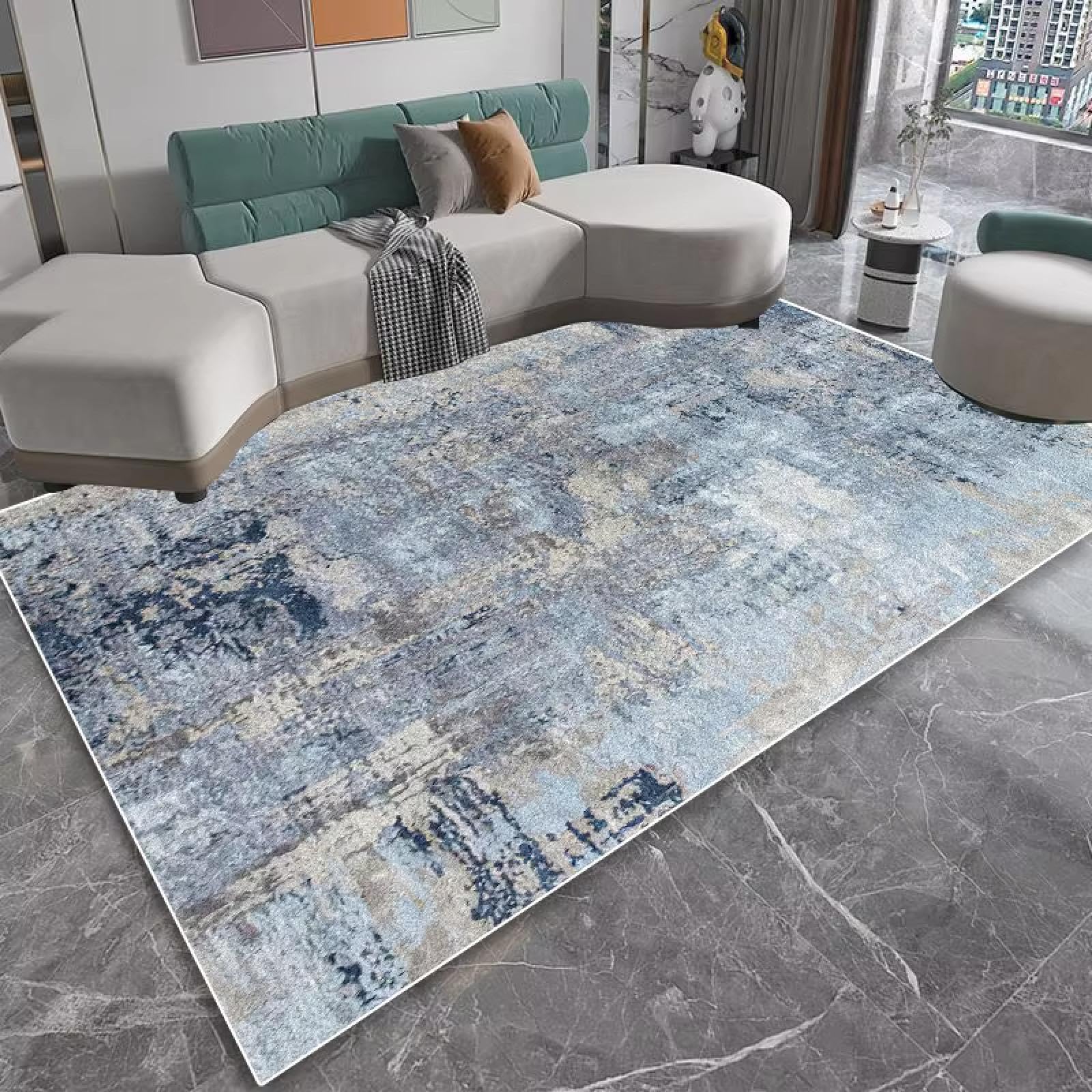 Tapis bleu salon antidérapant et doux au toucher pour chambre