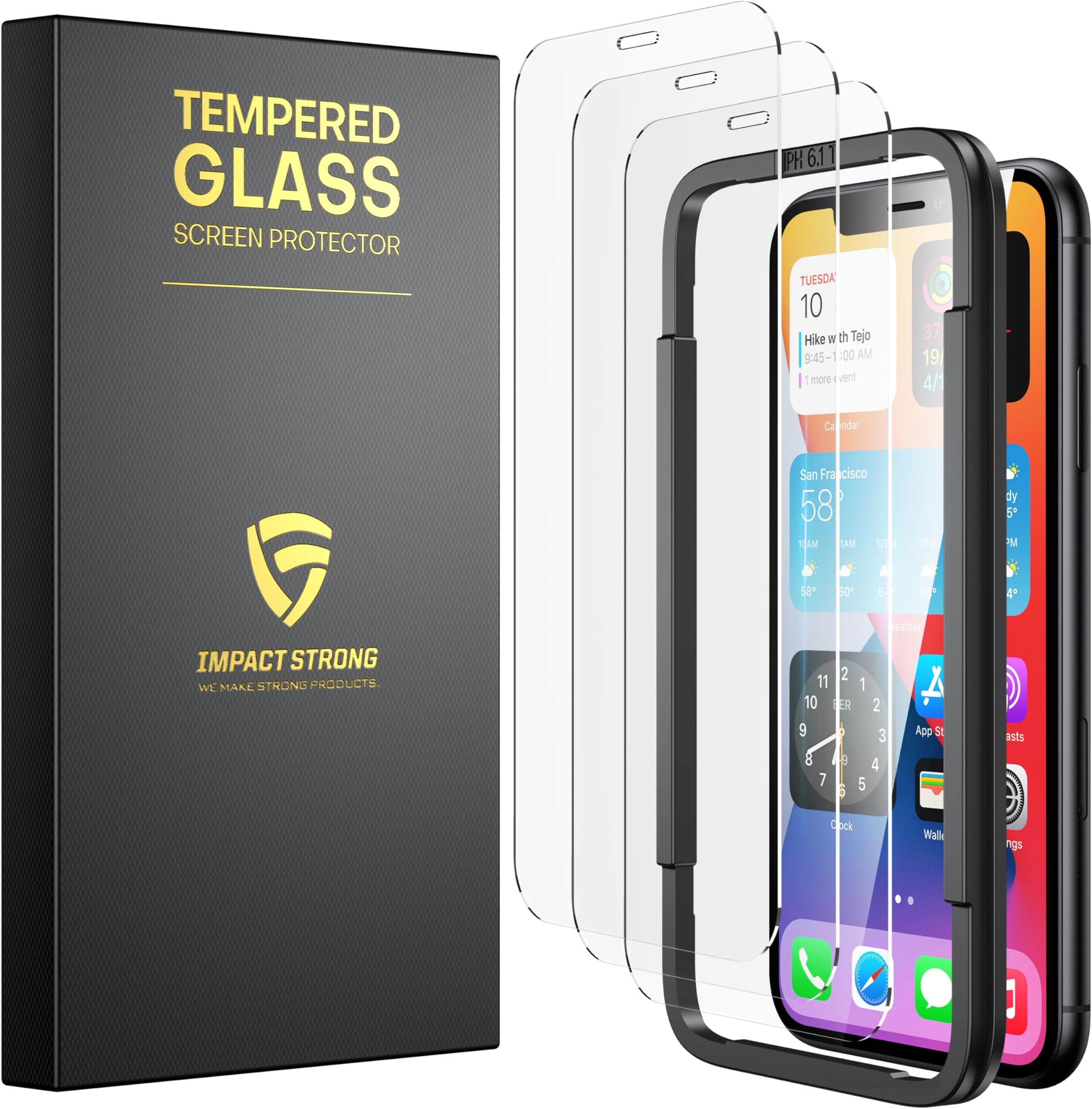 ImpactStrong Shatterproof Tempered Glass Screen Protector for iPhone 11 / iPhone XR [Easy Installation Frame] [Bubble Free] [9H Hardness] [Full Coverage] Case Friendly, 6.1 Inch - (3-Pack)