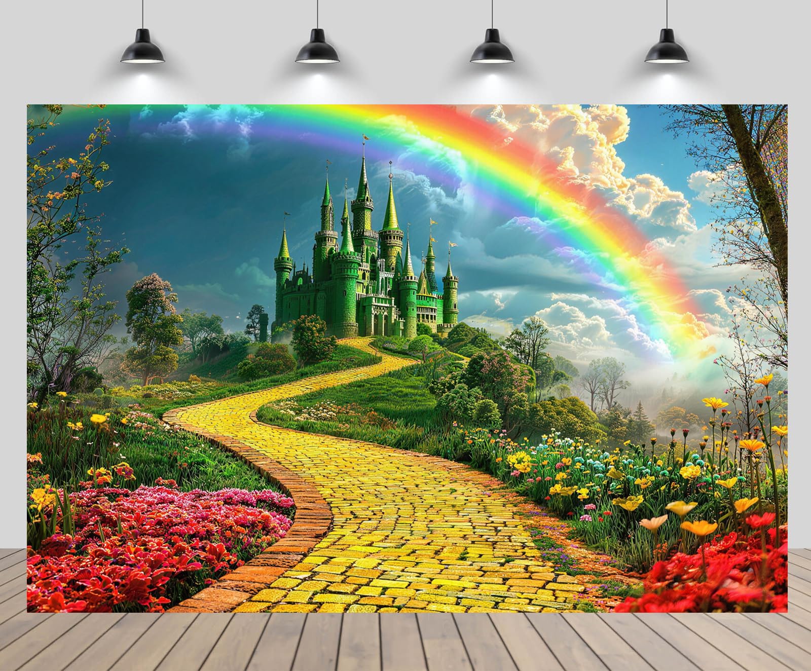 CHNYWORK 6x4ft Green Castle Backdrop Yellow Brick Road Blooming Red Yellow Flowers Rainbow Background Kids Adults Princess Wonderland Birthday Wedding