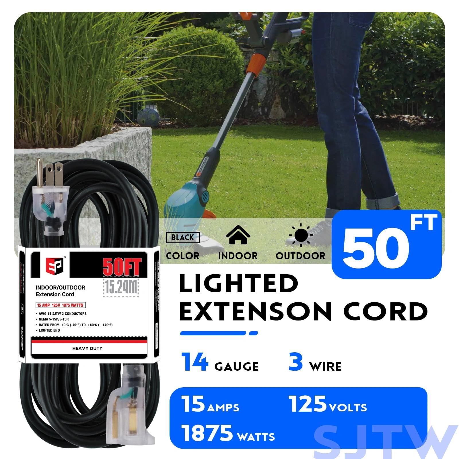 EP - Cable de extensión para exteriores iluminado de 50 pies, calibre 14/3, SJTW, cable de extensión negro resistente con enchufe de 3 puntas para mayor seguridad, ideal para jardín y