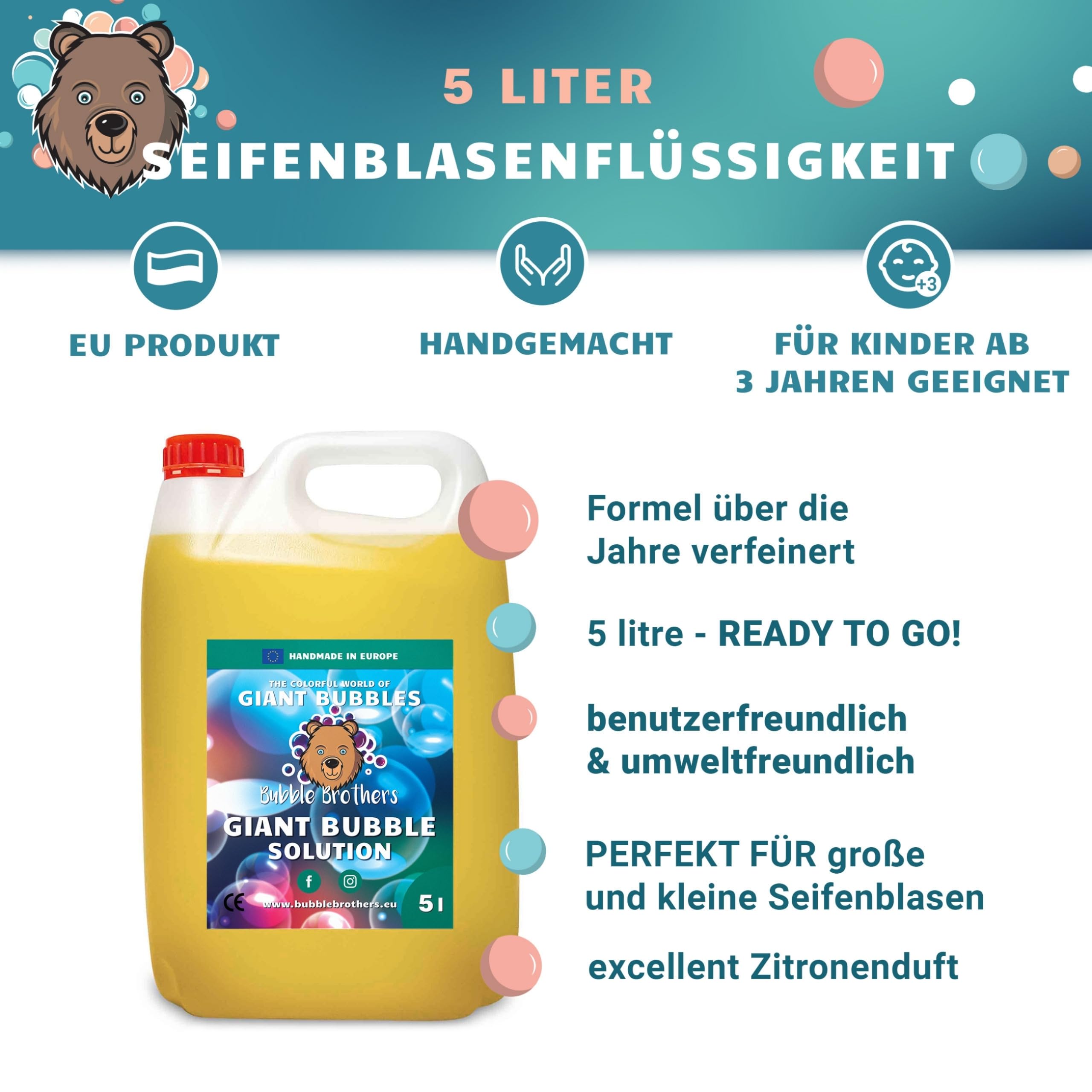 Bubble Brothers Seifenblasenflüssigkeit 5 Liter für Riesenseifenblasen und Normale Seifenblasen Nachfüllflasche 5l unplatzbare XXL Bunte Seifenblasen Seifenblasenlösung (5 Liter) (5L)