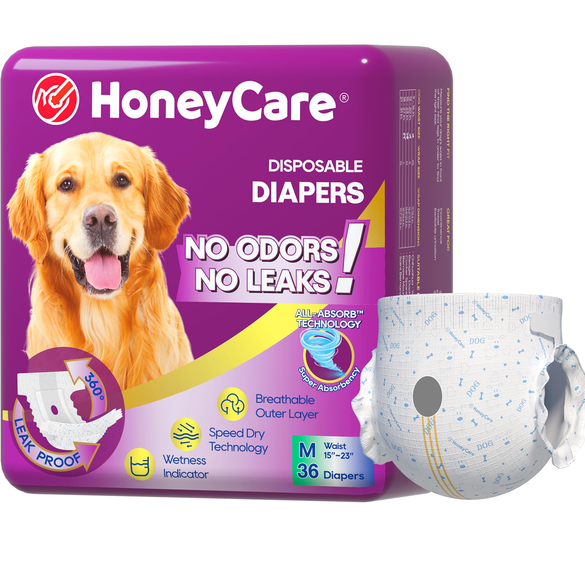 HONEY CARE All-Absorb Disposable Female Dog Diapers M Size, Improved Bigger Size, 36 Count, Super Absorbent, Breathable, Wetness Indicator (Pack of 1, 36 Count Total)