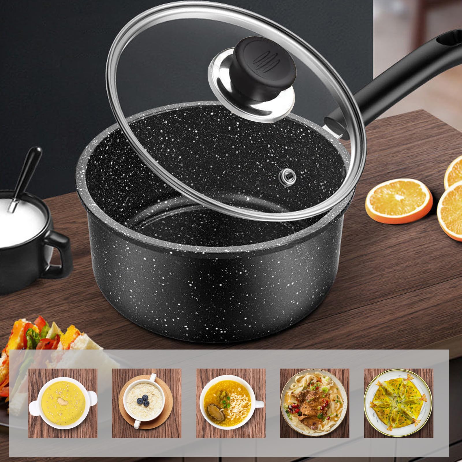 MeYuxg Olla para Leche Con Tapa, Cacerola de 18 Cm, Cacerola de Inducción de 2 L Antiadherente, con Mango Extraíble para todo Tipo de Cocinas, Universal para Cocinas de Inducción y de Gas(Negro)