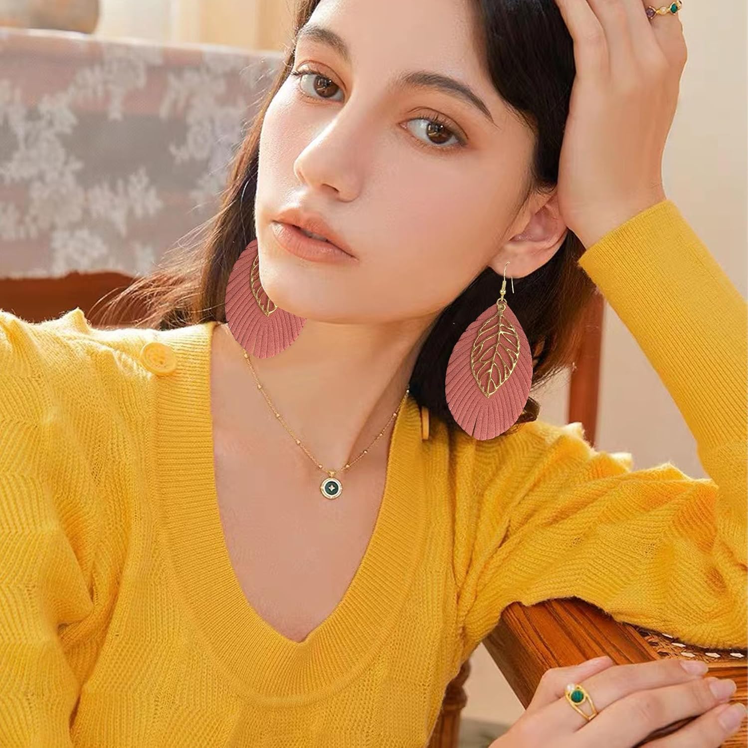 Large Genuine Soft Leather Handmade Fringe Feather Tassel Lightweight Tear Drop Dangle Color Earrings for Women With Gold Leaf - Image 2