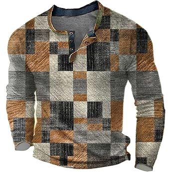 Men's Retro Vintage Plaid Printed Patchwork T-Shirt Basic Raglan Sleeve Long Sleeve Henley Tactical T-Shirt
