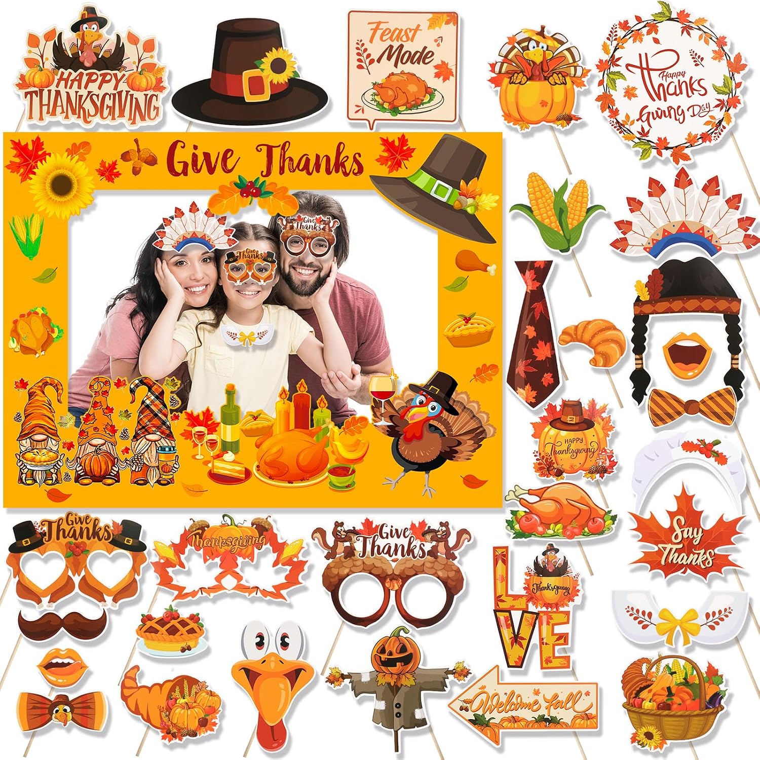 HOWAF 30 Pcs Thanksgiving Photo Booth Props, Turkey Paper Photo Frame Funny Turkey Pumpkin Photo Props for Harvest Party Decoration, Happy Thanksgiving Selfie Frame Photo Props