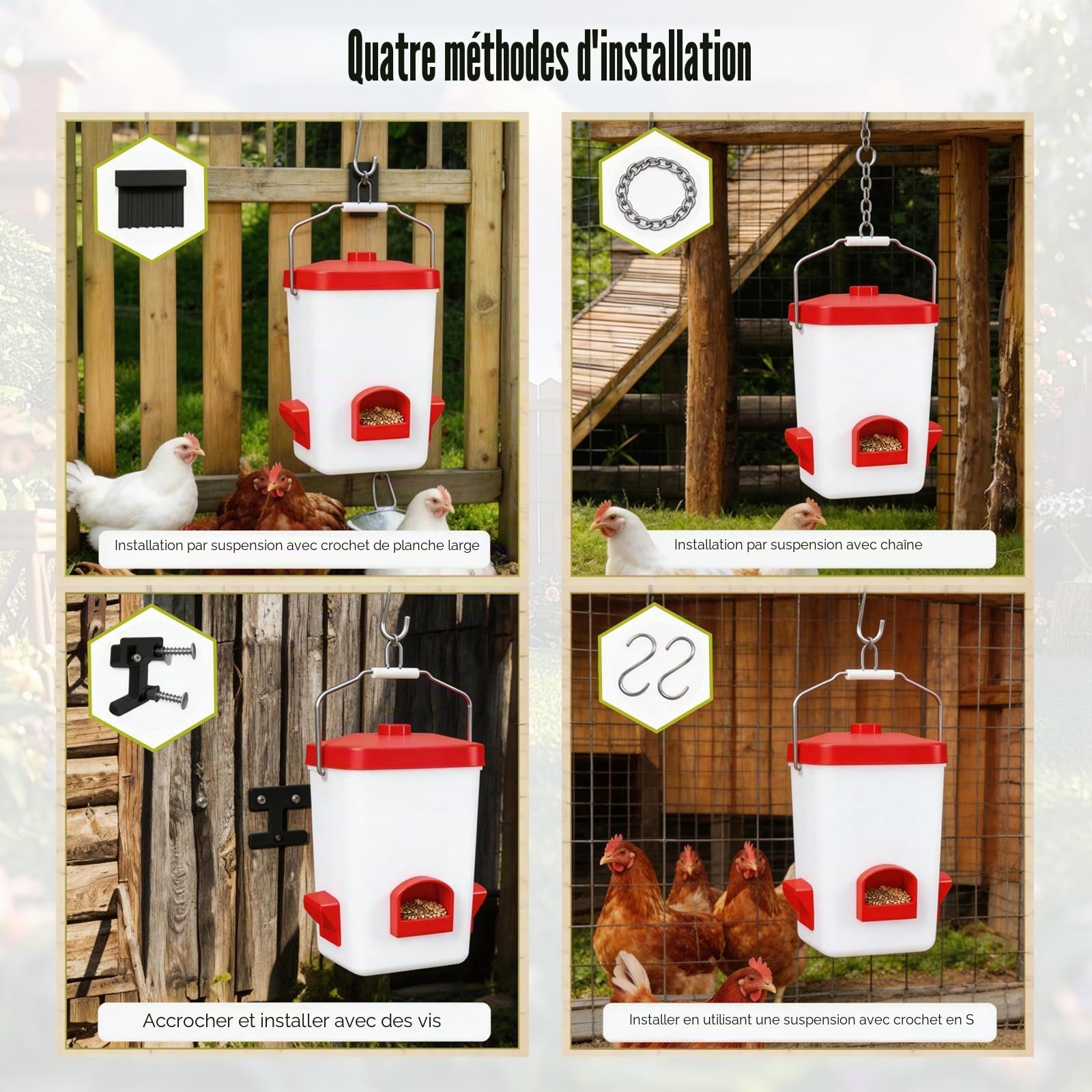 Lot Mangeoire et Abreuvoir Automatique pour Poules, Mangeoire Anti-Gaspillage 10 kg, Abreuvoir 11 L à Niveau Automatique, Étanche et Résistant UV, avec Tuyau d'Arrosage et Accessoires de Montage