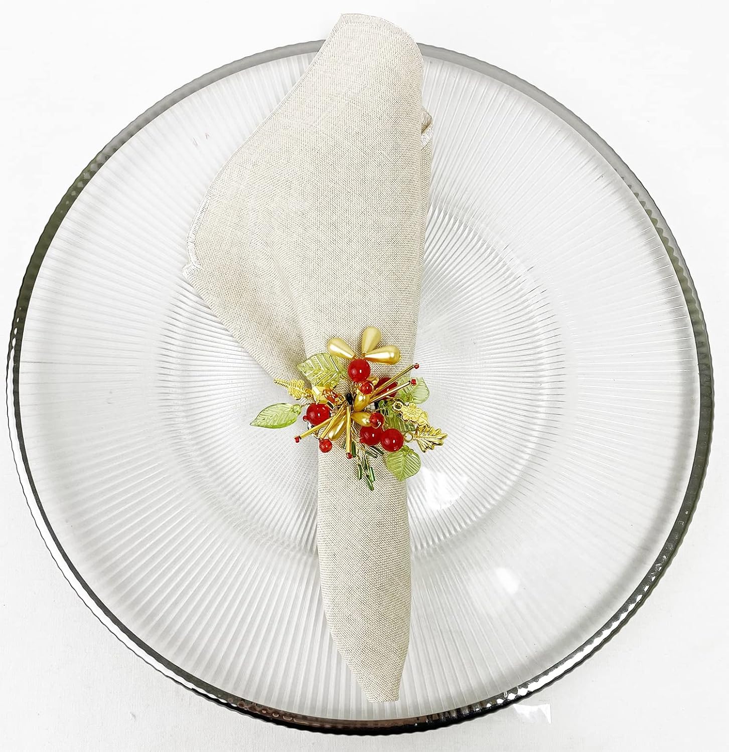 Fennco Styles Hand Beaded Holiday Flower Napkin Rings, Set of 4 - Multicolored Bead Festive Napkin Holders for Home, Dining Room, Banquet, Family Gathering, Christmas Décor and Special Occasion