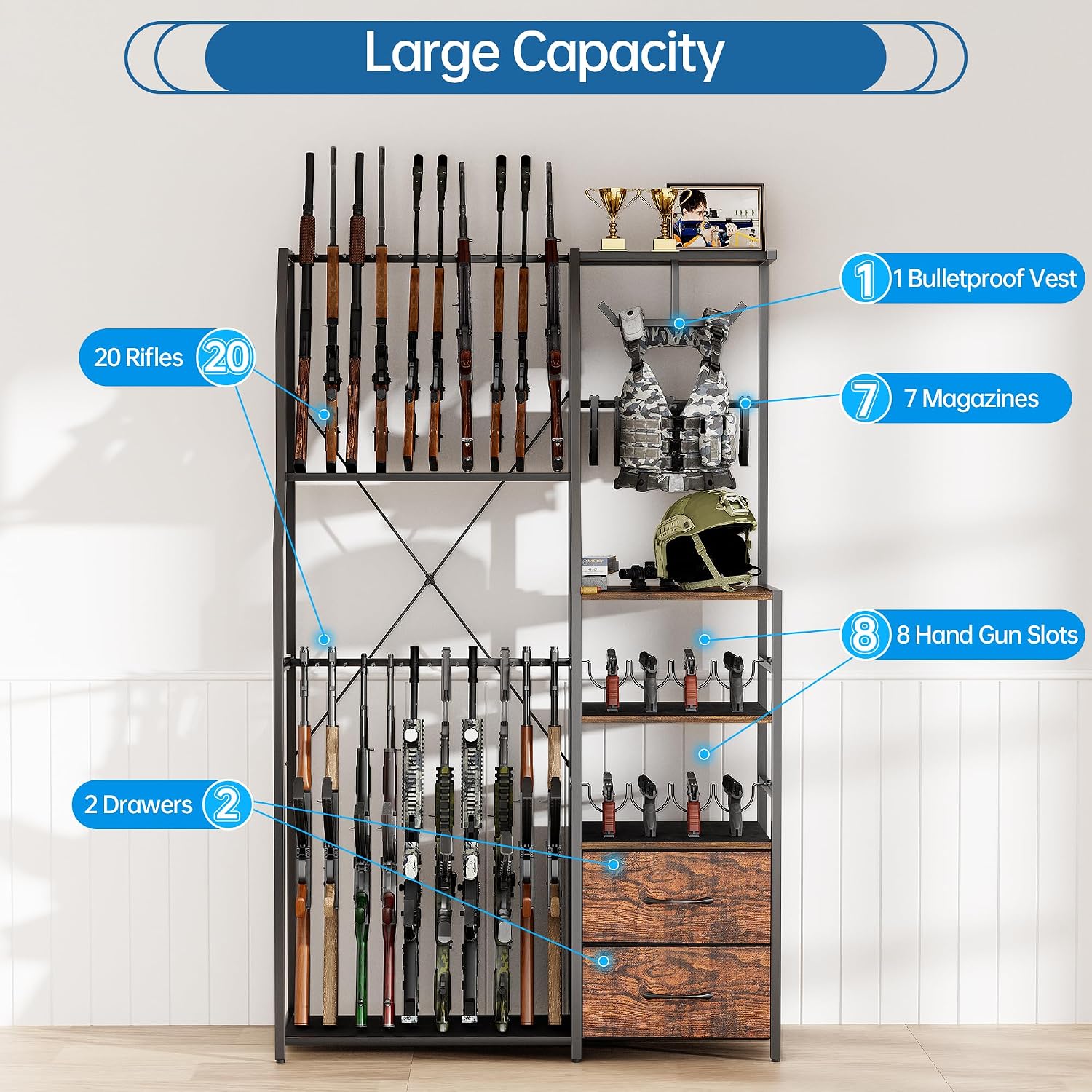 Spacesea Large Floor Gun Stand with 20 Long Guns Storage, 4-in-1 Metal Indoor Gun Racks with 2 Drawers and Vest Rack, Rifle Rack for Hunting and Tactical Accessories (Retro Brown)
