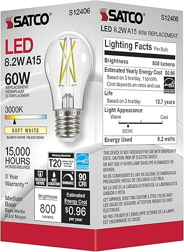 Miniatura 6 de SATCO S12406 - Bombillas de filamento LED regulables vintage de alto lúmenes, 8.2 W, 120 voltios, A15, luz blanca suave, 3000 K (6 bombillas LED)
