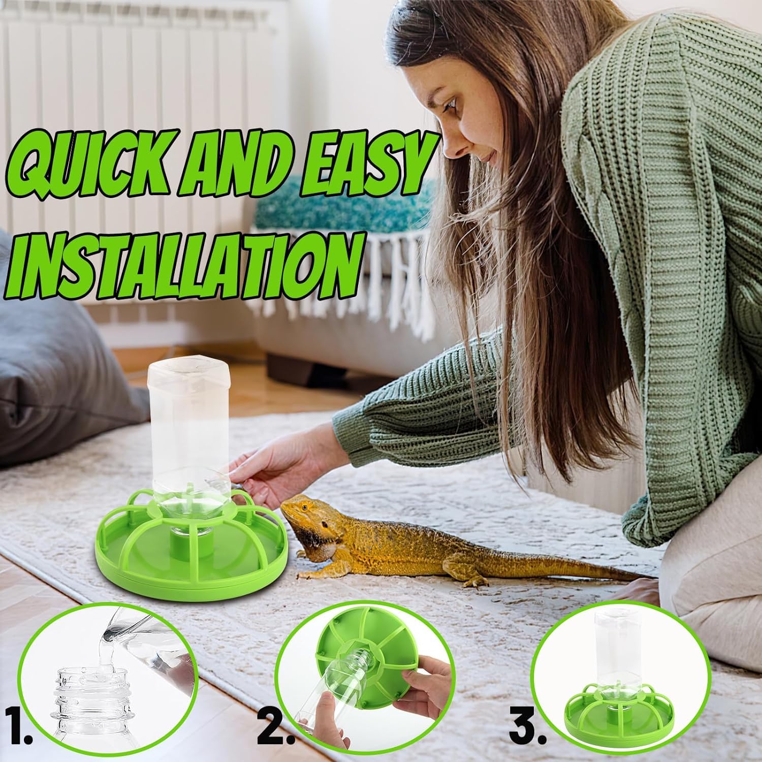 Qcwwy Distributeur d'eau pour Reptiles, Distributeur d'eau pour Bouteilles d'eau pour Reptiles avec Bouteille d'eau Tortue Mangeoire Automatique Abreuvoir Automatique pour Reptiles (Grand)