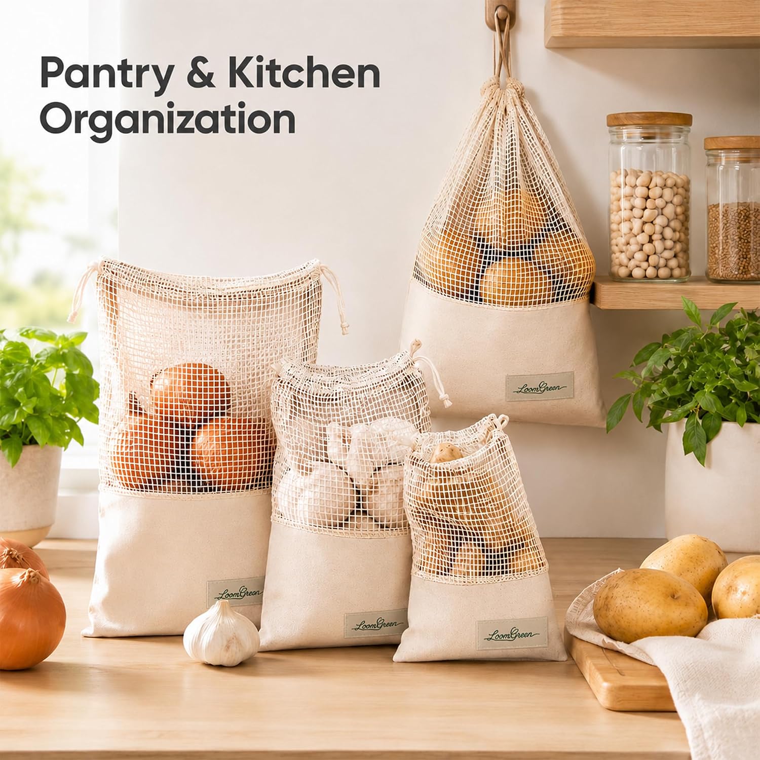 Multi-Purpose DrawString Bags - Canvas and Cotton Mesh Bags | Reusable Grocery, Laundry, Travel Organizer image 3