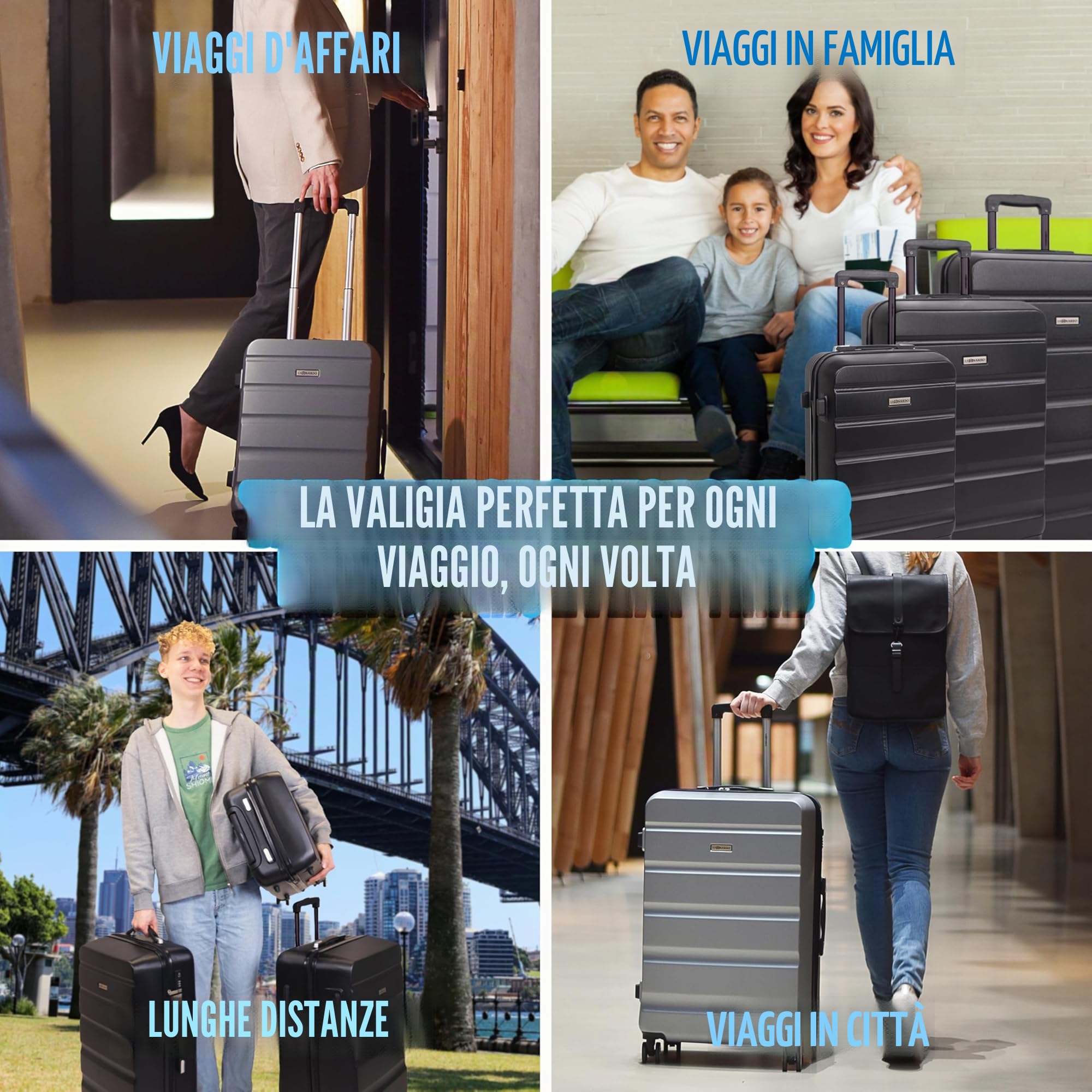 Leonardo® Bagage Grande Taille de Voyage | Valigia con Chiusura TSA | Valigia da Viaggio | Borsa da Viaggio con 4 Ruote Doppie | Bagaglio a Mano | Trolley | Valigia Rigida | Set S-M-L | Venezia | Nero