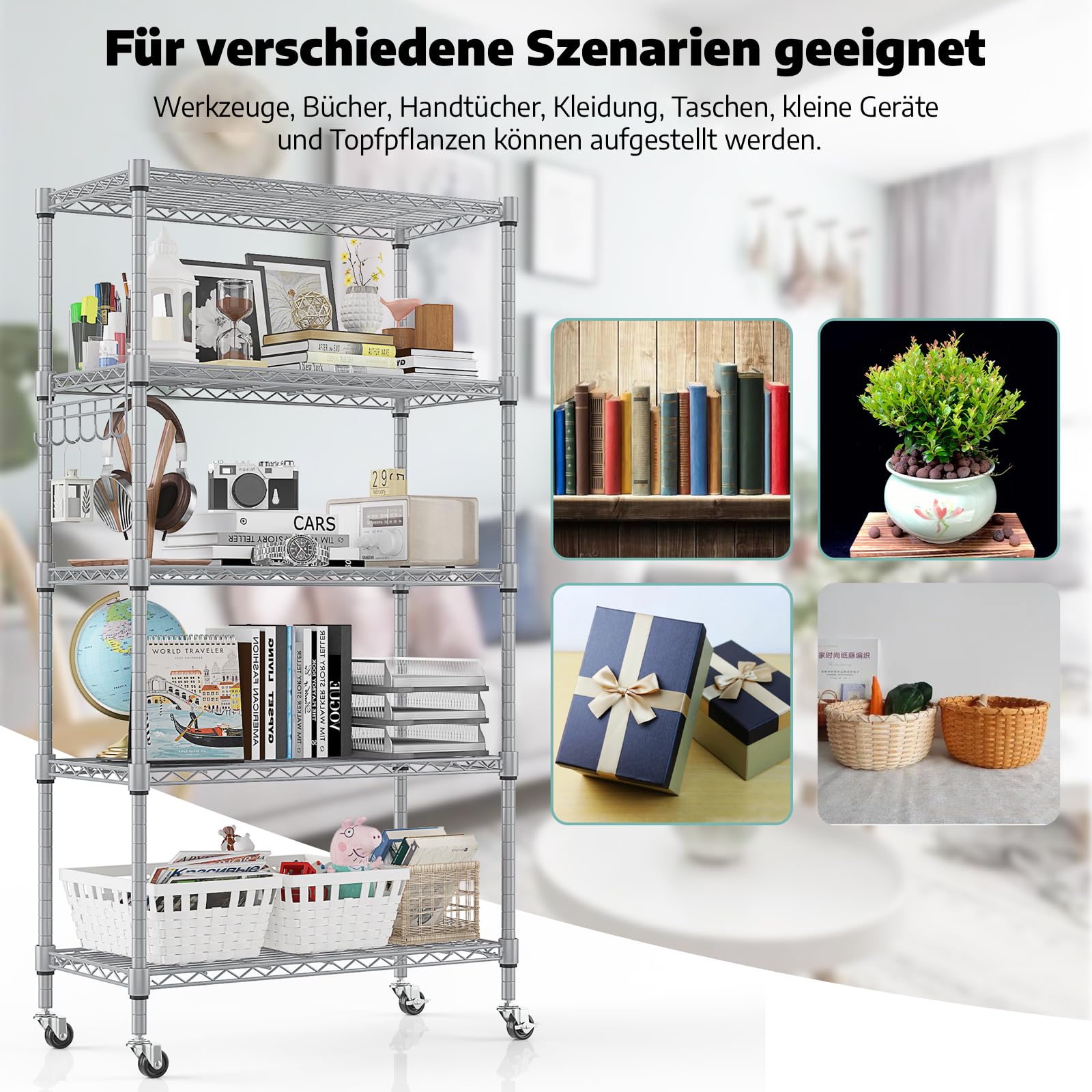 Regal mit 5 Regalböden und Rädern, Robustes Metalldrahtregal mit Haken, höhenverstellbar, für Badezimmer, Küche, Garage (76 x 35 x 158 cm), Silber