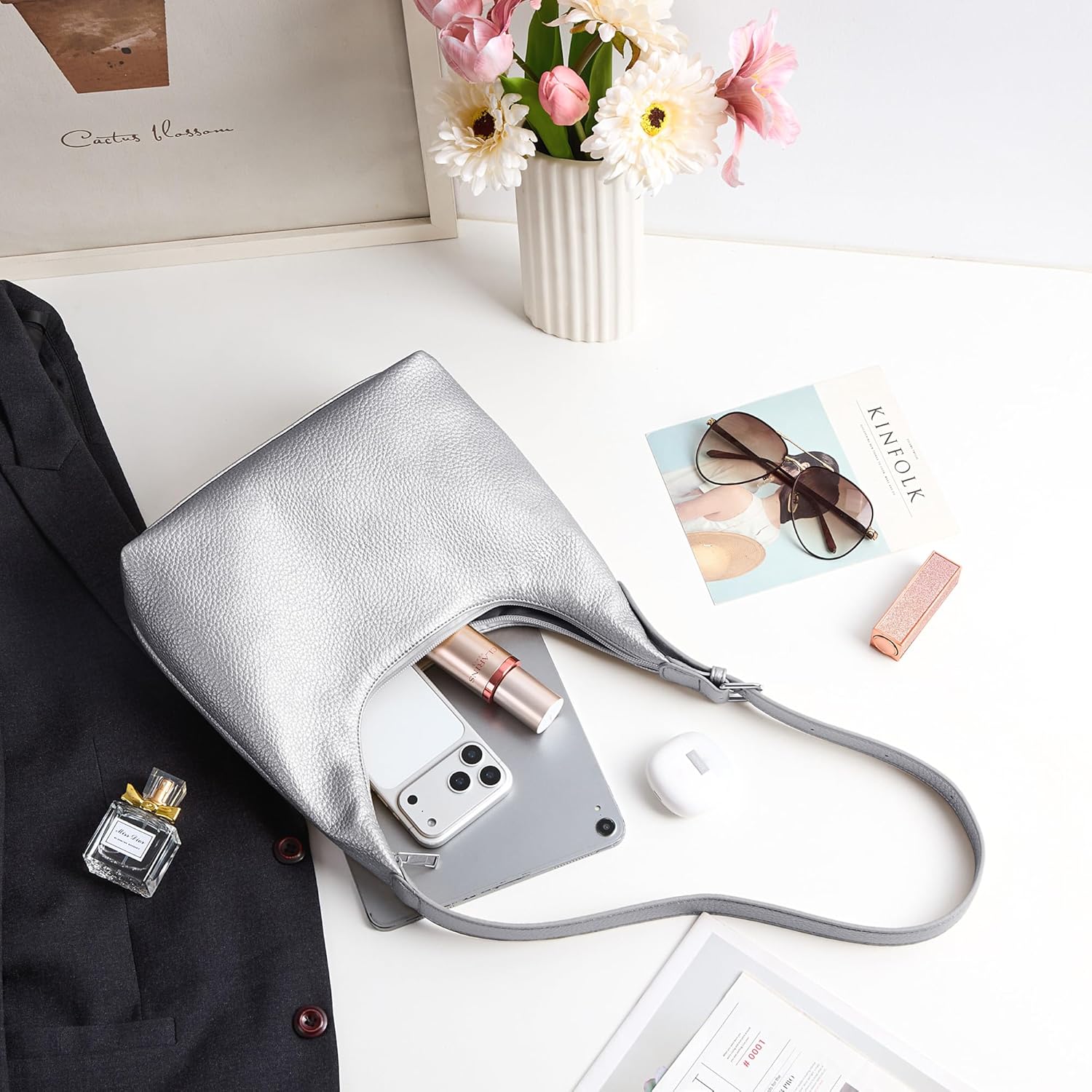 KALIDI Crescent Tote Bag, Women Underarm Handbag Vegan Leather Zipper Shoulder Purse Hobo for Evening Shopping Casual