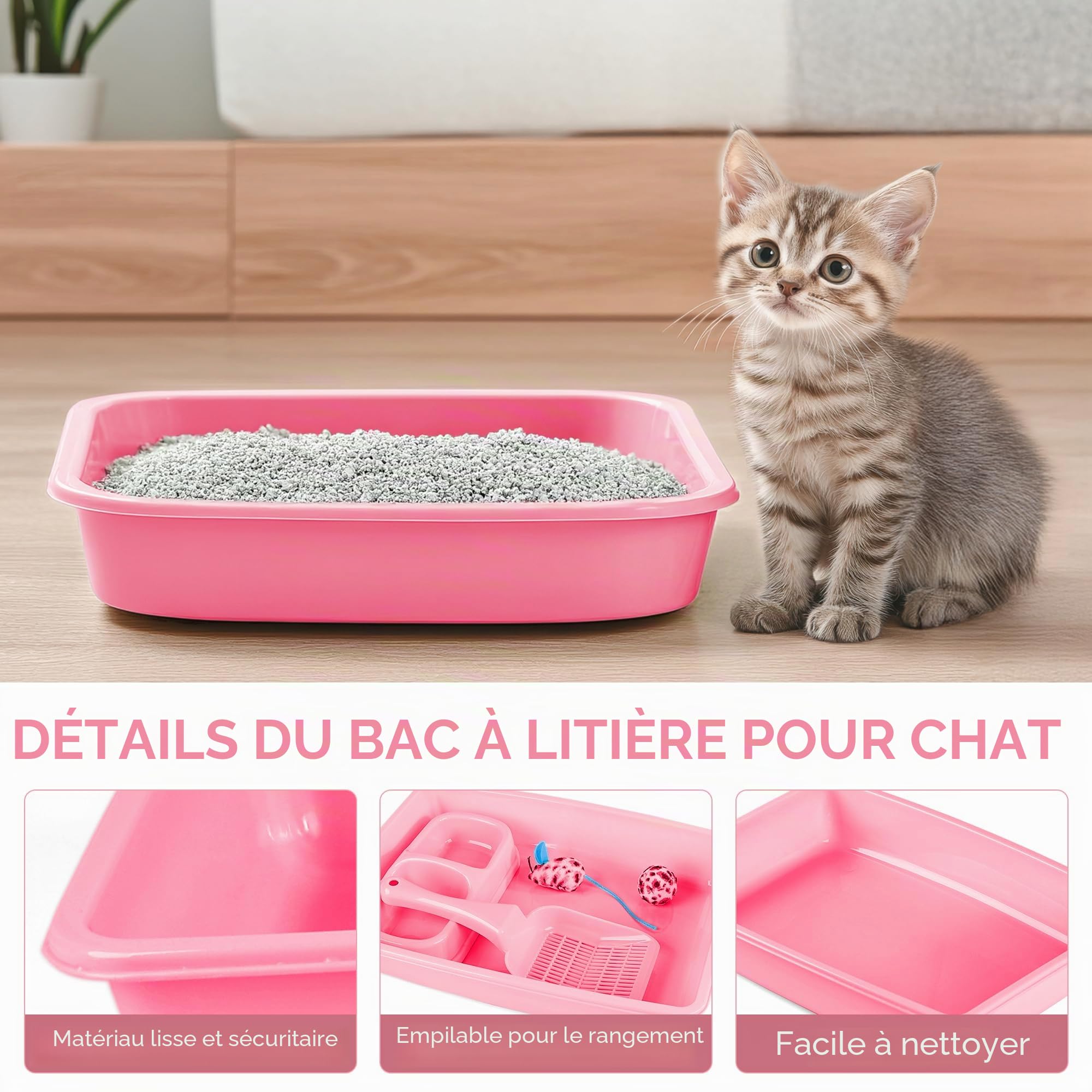 PAWISE Lot de 4 Accessoires pour Chat avec bac à litière, Pelle à litière, Bol et Jouet pour Chaton, 36,8 x 26,7 cm, Rose