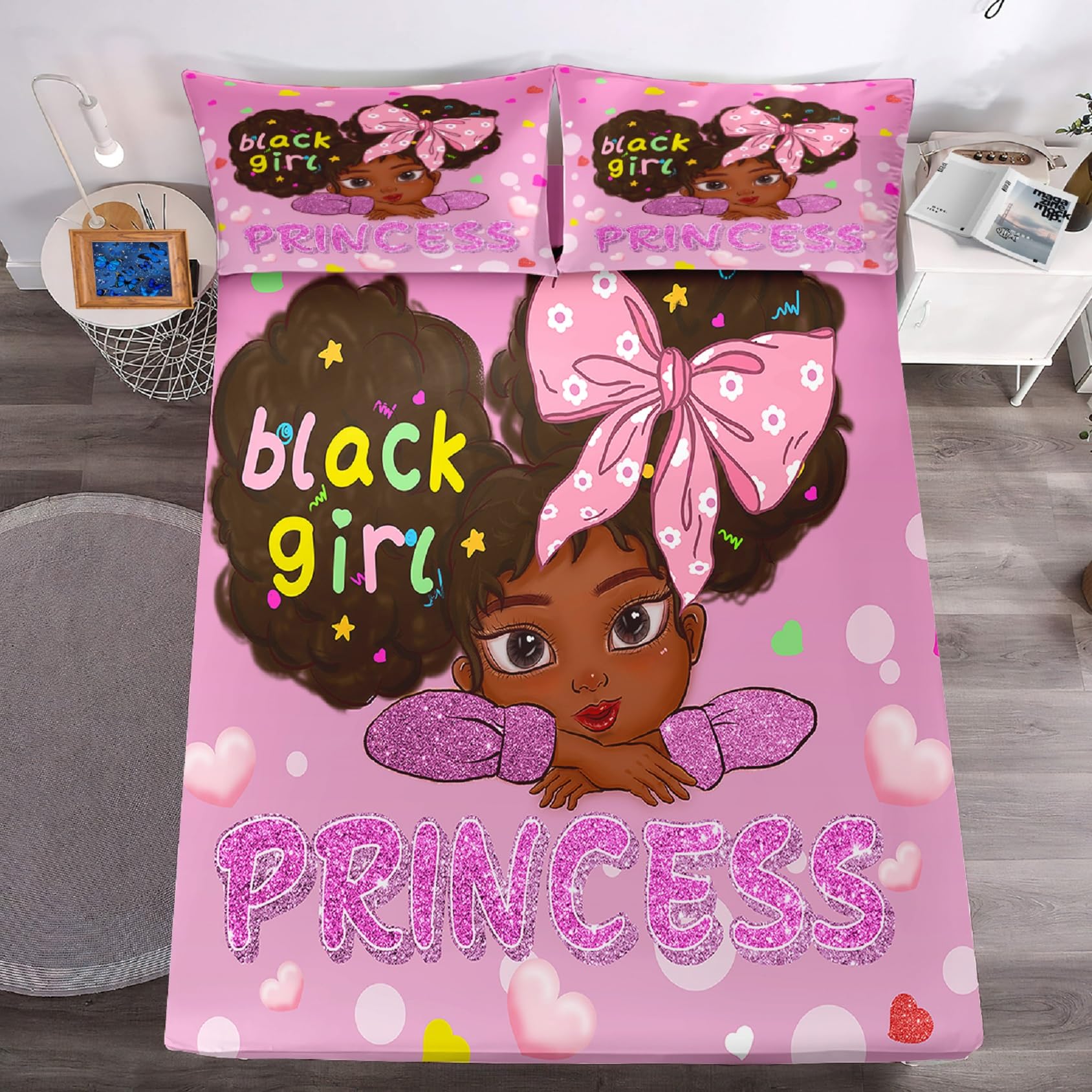 Jiospet Black Girl Twin Fitted Sheet - Black Girl Sheets Twin Cute Bedding Fitted for Kids, 1 Fitted Sheet + 1 Flat Sheet + 1 Pillowcase