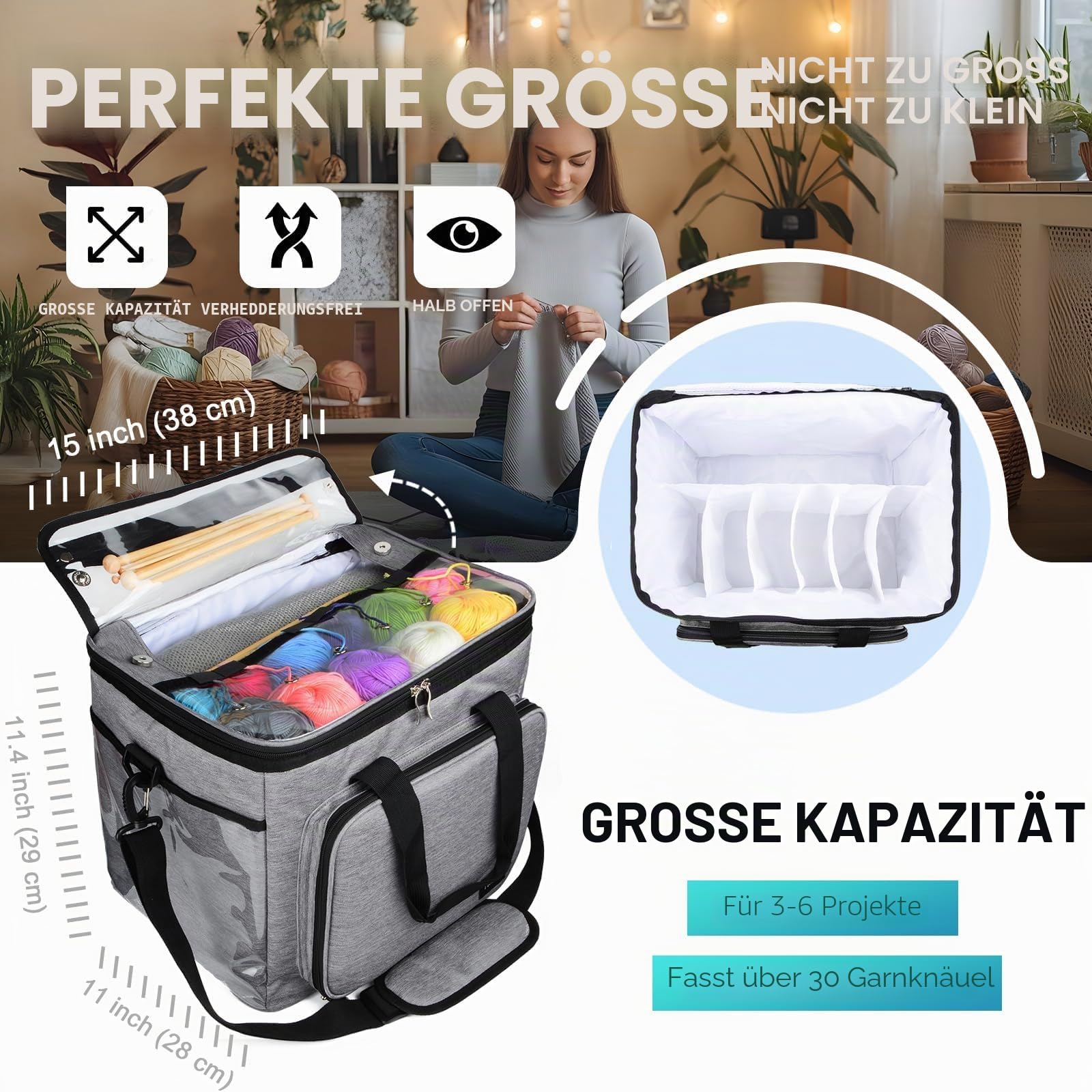 Aufbewahrungstasche für Wolle, Stricktasche Zur Garn aufbewahrung für Stricken, Häkeln, Stränge des Garns, Stricknadeln (bis zu 14 ”)