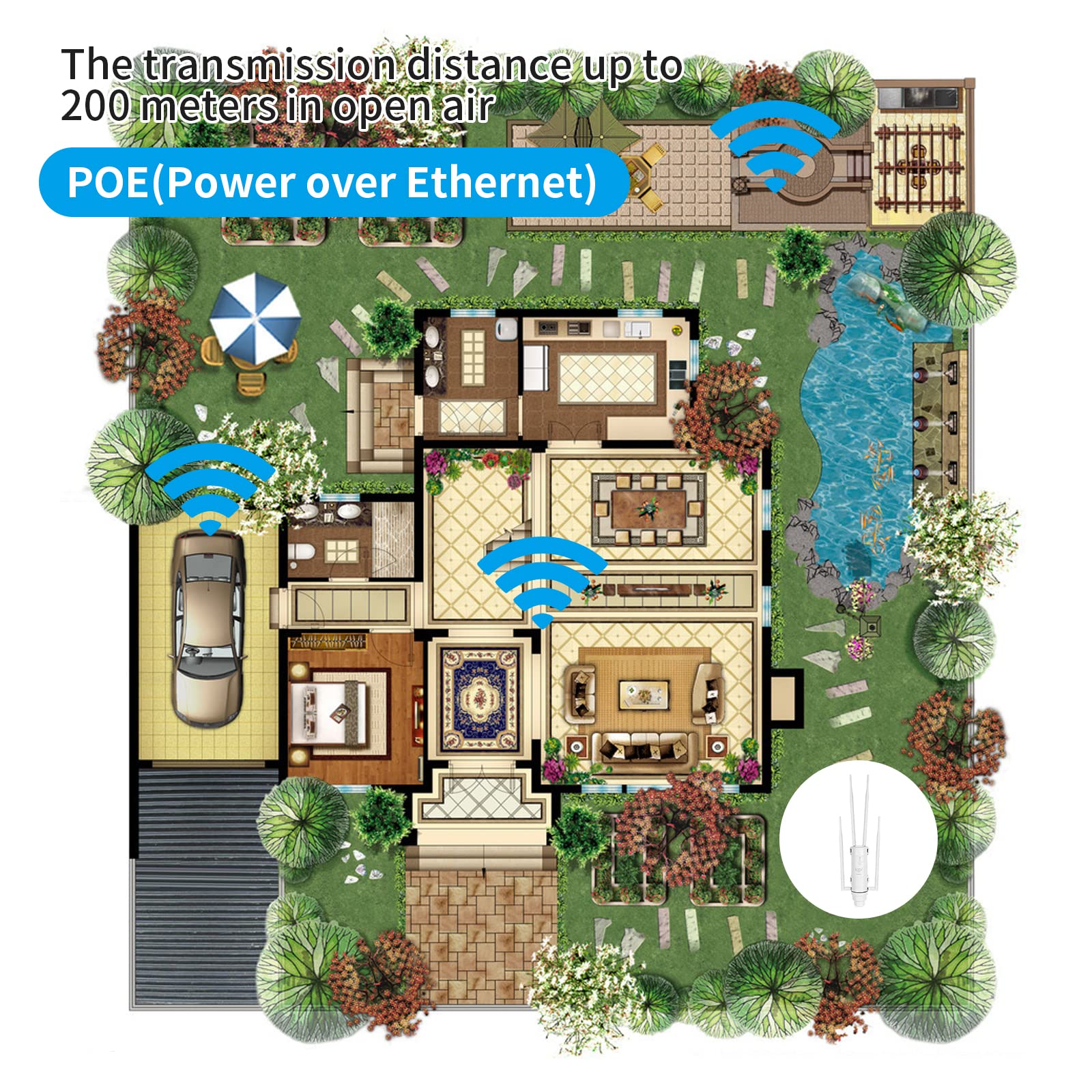 Ripetitore WiFi Esterno AC1200 Dual Band WiFi Extender Esterno Impermeabile 4 Antenne Amplificatore WiFi Repeater per Esterno Lunga Distanza per Giardino Garage