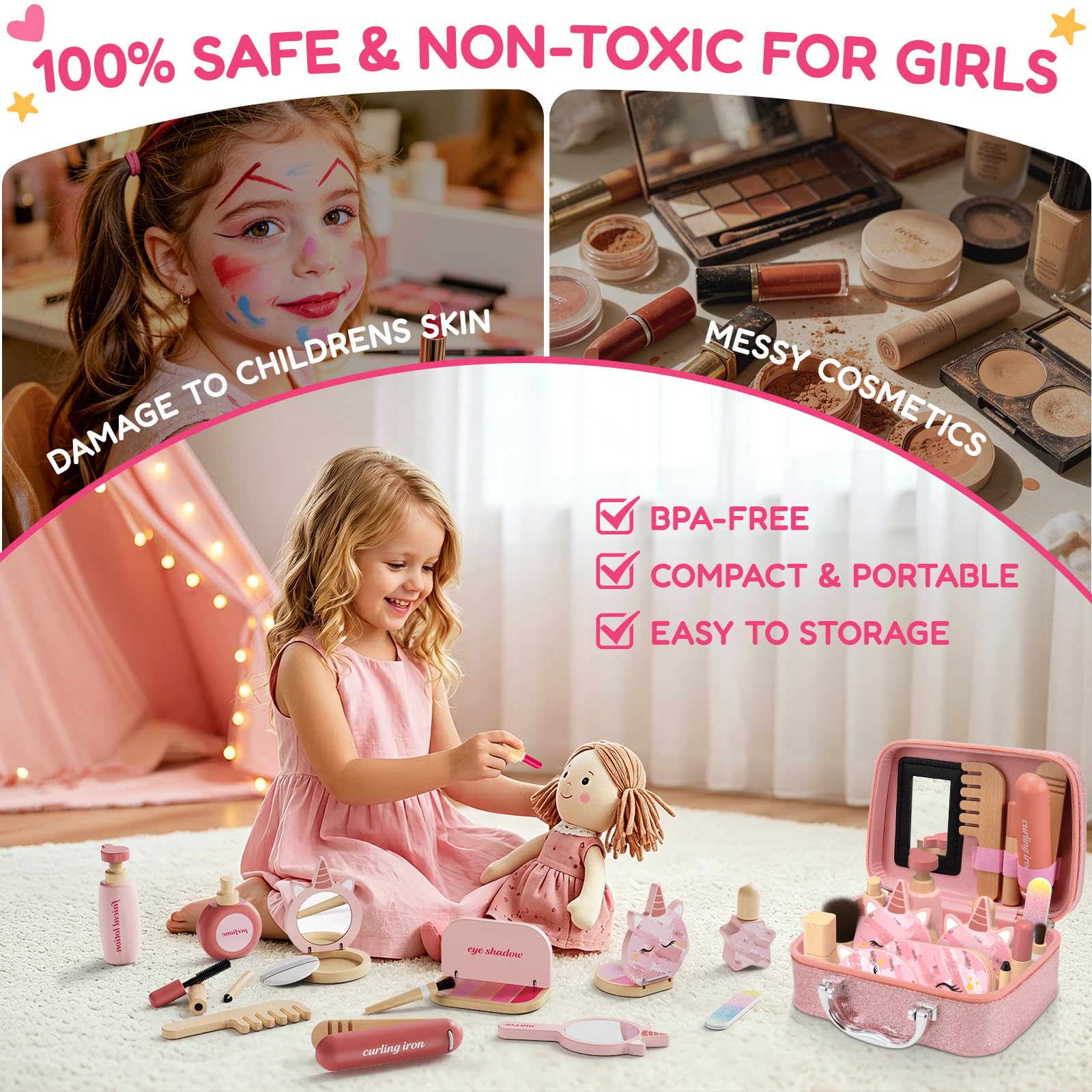 Set da trucco in legno per giochi di finzione per bambini da 1 a 3 anni