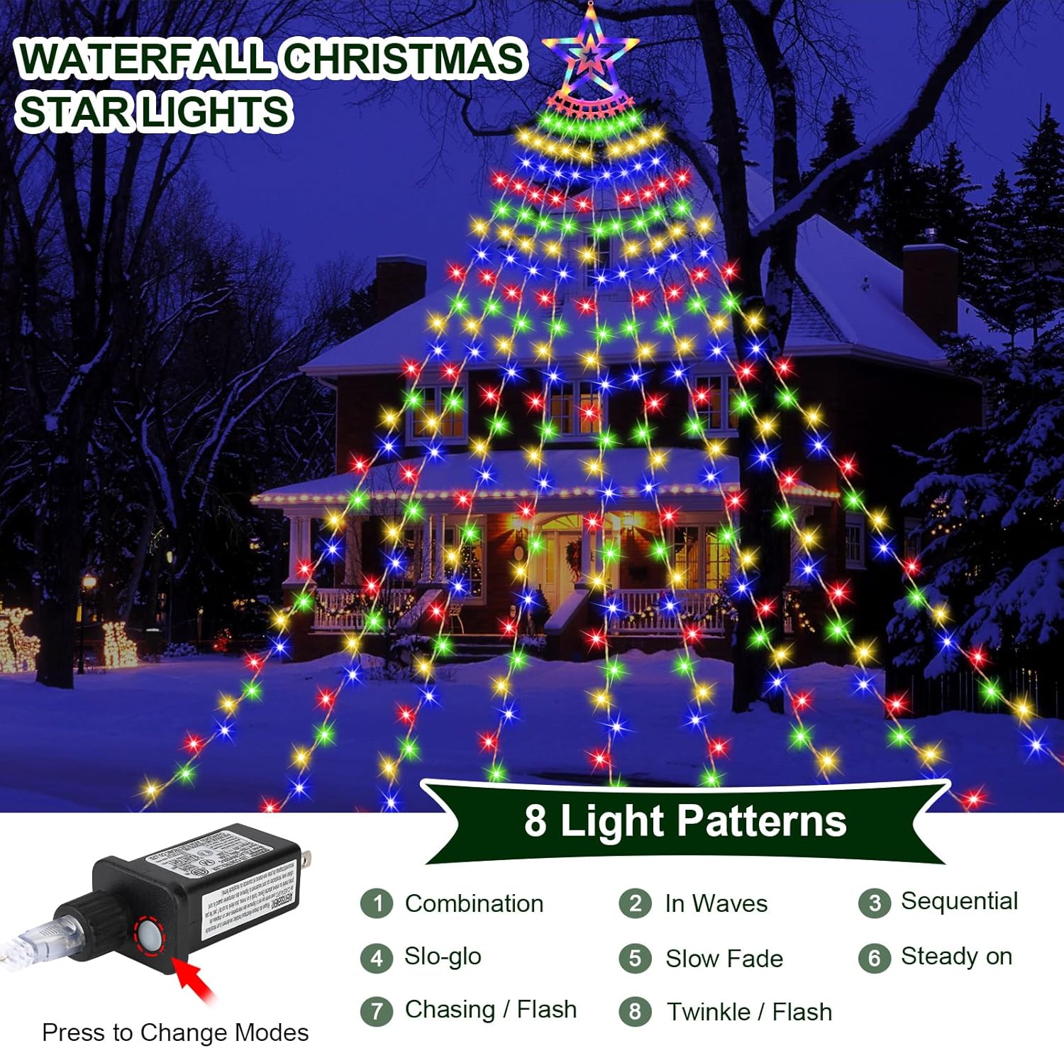 MUYUN (New) Christmas Decorations Outdoor Star String Lights 350 LED Christmas Lights 11.5ft Waterproof Waterfall Tree Lights for Yard Garden Indoor Outdoor(Multi-Colored)
