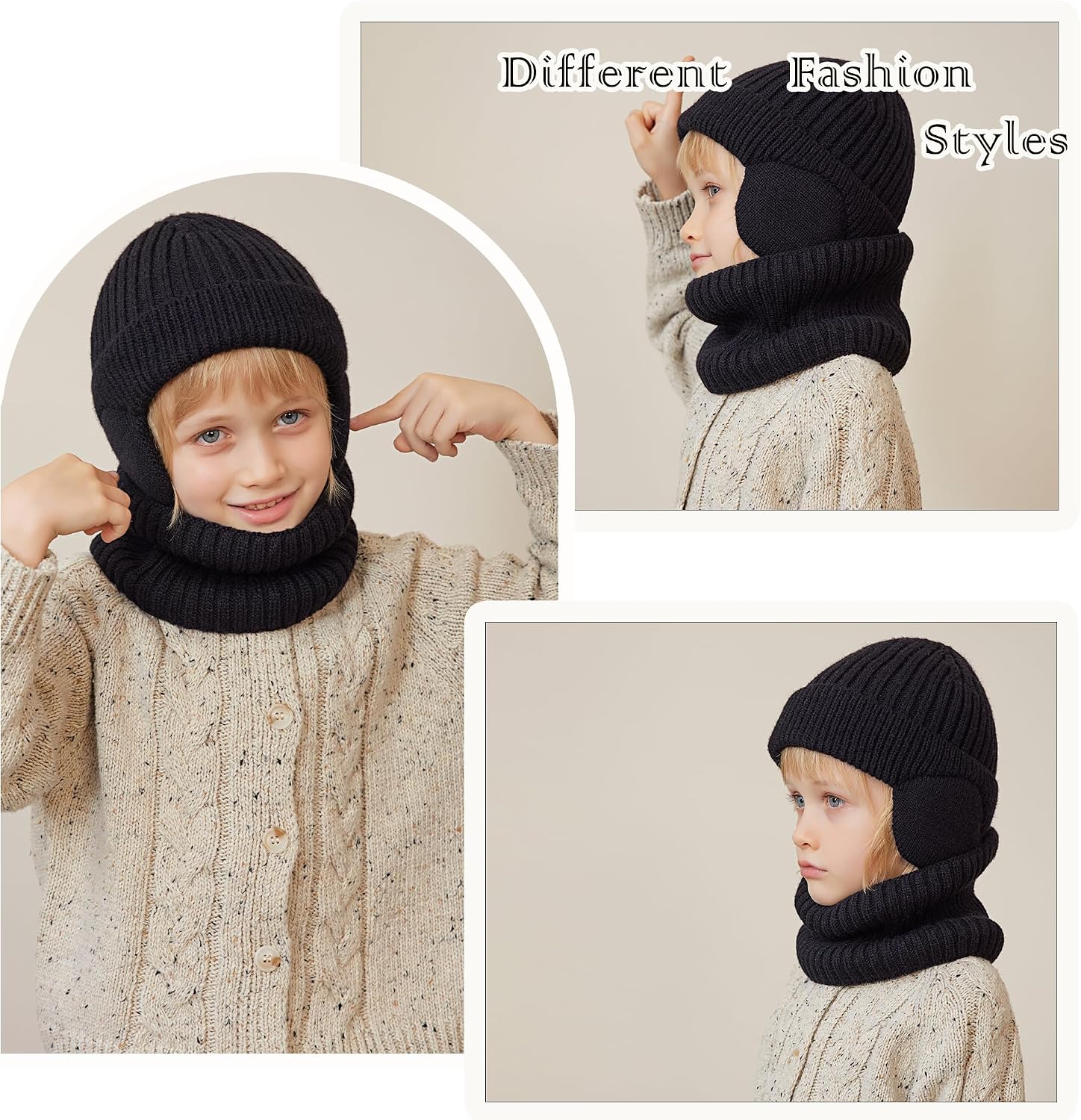 Toddler kids Winter Knit Warm Hat neck Scarf Collar Set for Boys & Girls 3-8 years old knitted fleece lined