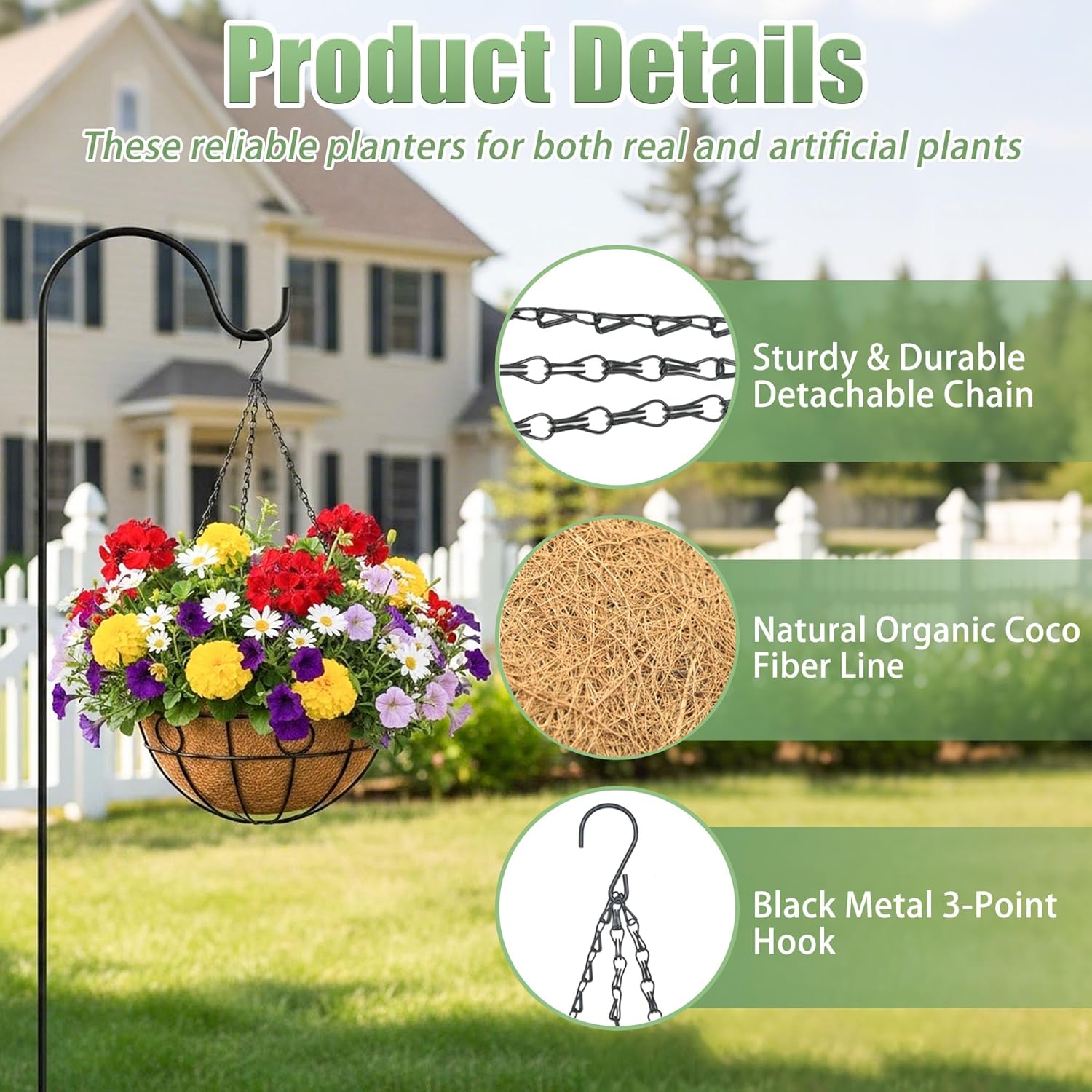 4 Pack 12 Inch Hanging Baskets for Plants Outdoor Metal Hanging Planters Round Hanging Flower Pots with Coco Coir Liner Plant Holder for Outdoor Patio Garden Balcony Decor - Circular