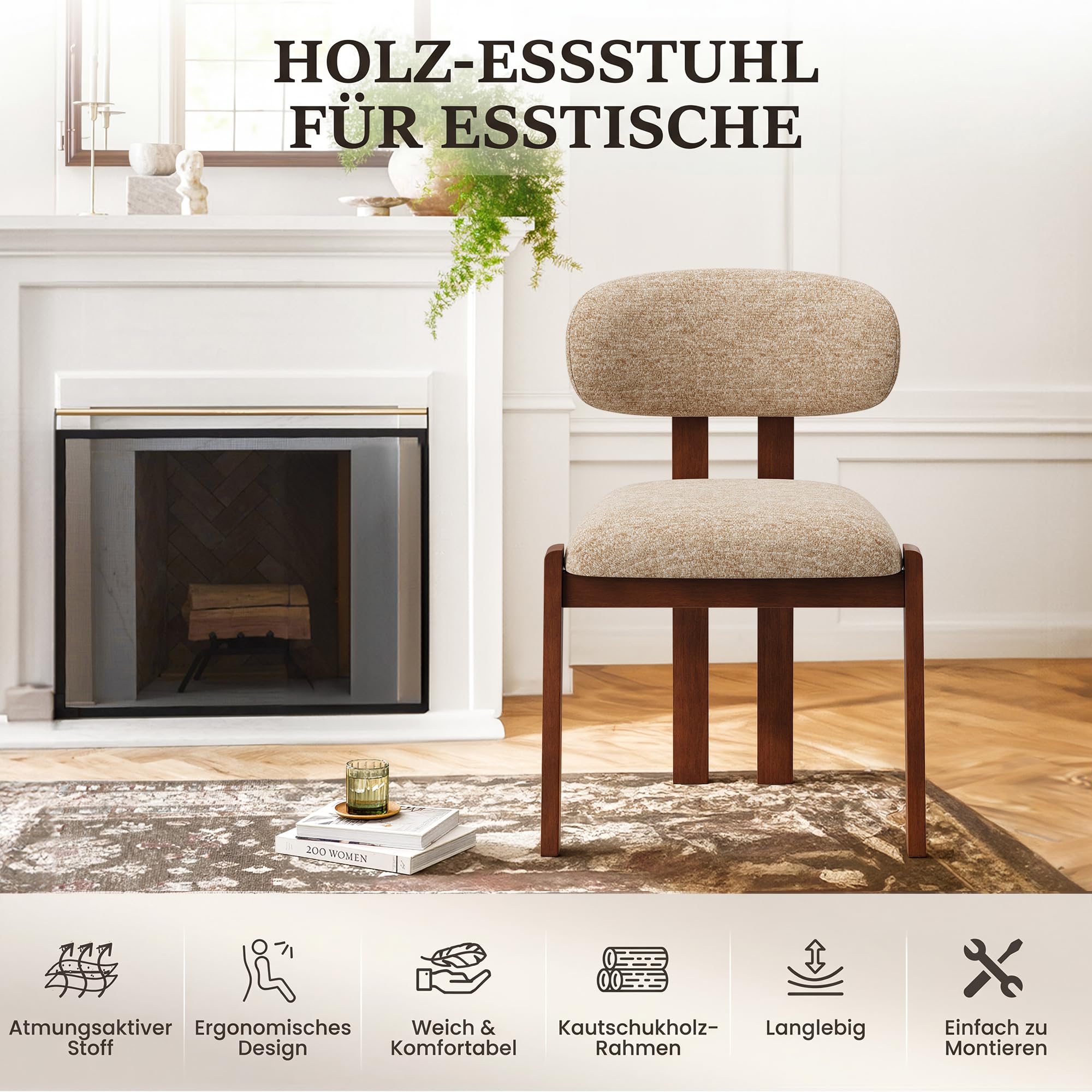 MALOL Esszimmerstühle 6er Set, Moderne Polsterstühle mit Holzbeinen in Dunkelbraun, Stoff-Essstühle mit Stabiler Rückenlehne, Kamel Geeignet für Esszimmer, Küche und Gastronomie