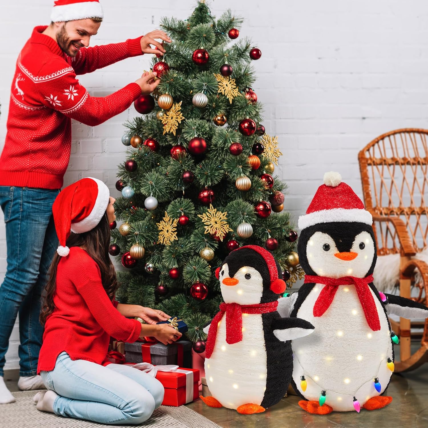 Hexago 2-Piece Lighted Penguin Family with 150 LED Lights, Collapsible Pop-Up Holiday Display, Weather-Resistant Outdoor Christmas Yard Decoration