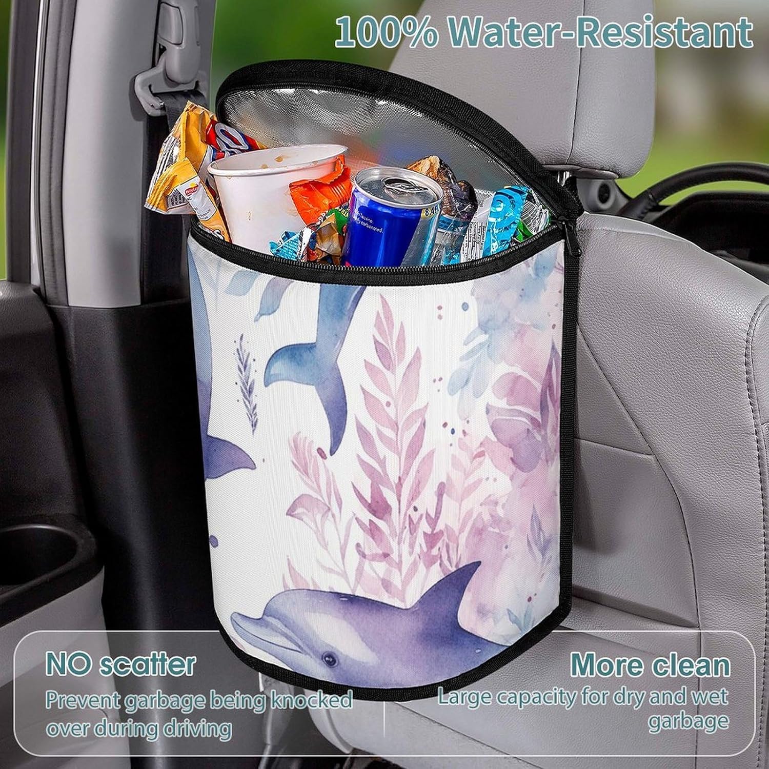 MUSM Leakproof Car Trash Can 2.5 Gallon, Durable Automotive Garbage Bag with Waterproof Liner, Seaweed in The Sea Trash Bag for Car, Truck, RV & Bathroom