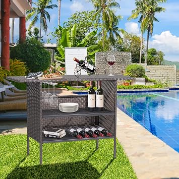 FANTASK Outdoor Wicker Bar, Paito Bar Table w/2 Storage Shelves, 2 Sets of Rails and Condole Cup Holders, Rattan Bar Counter Table for Backyard, Poolside, Garden