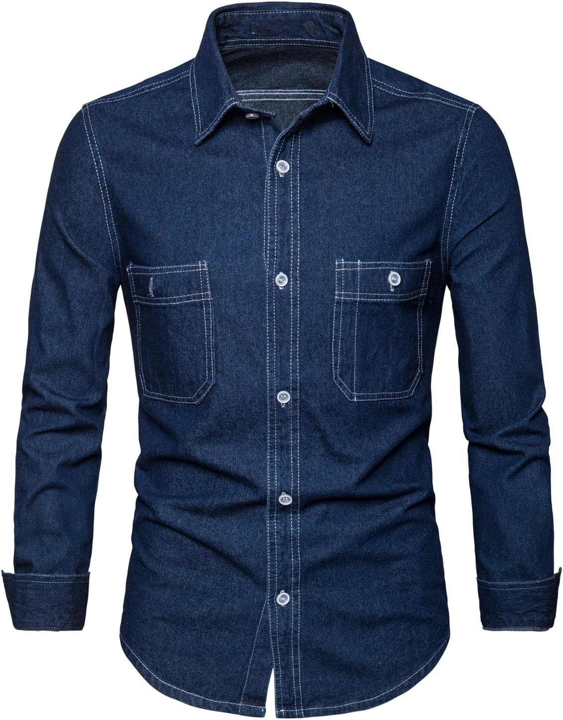 AOMO LOVE Men's Long Sleeve Denim Solid Shirt Cotton Casual Double-Pocket Shirt Blue Work Slim Fit Shirt (Blue, Large)