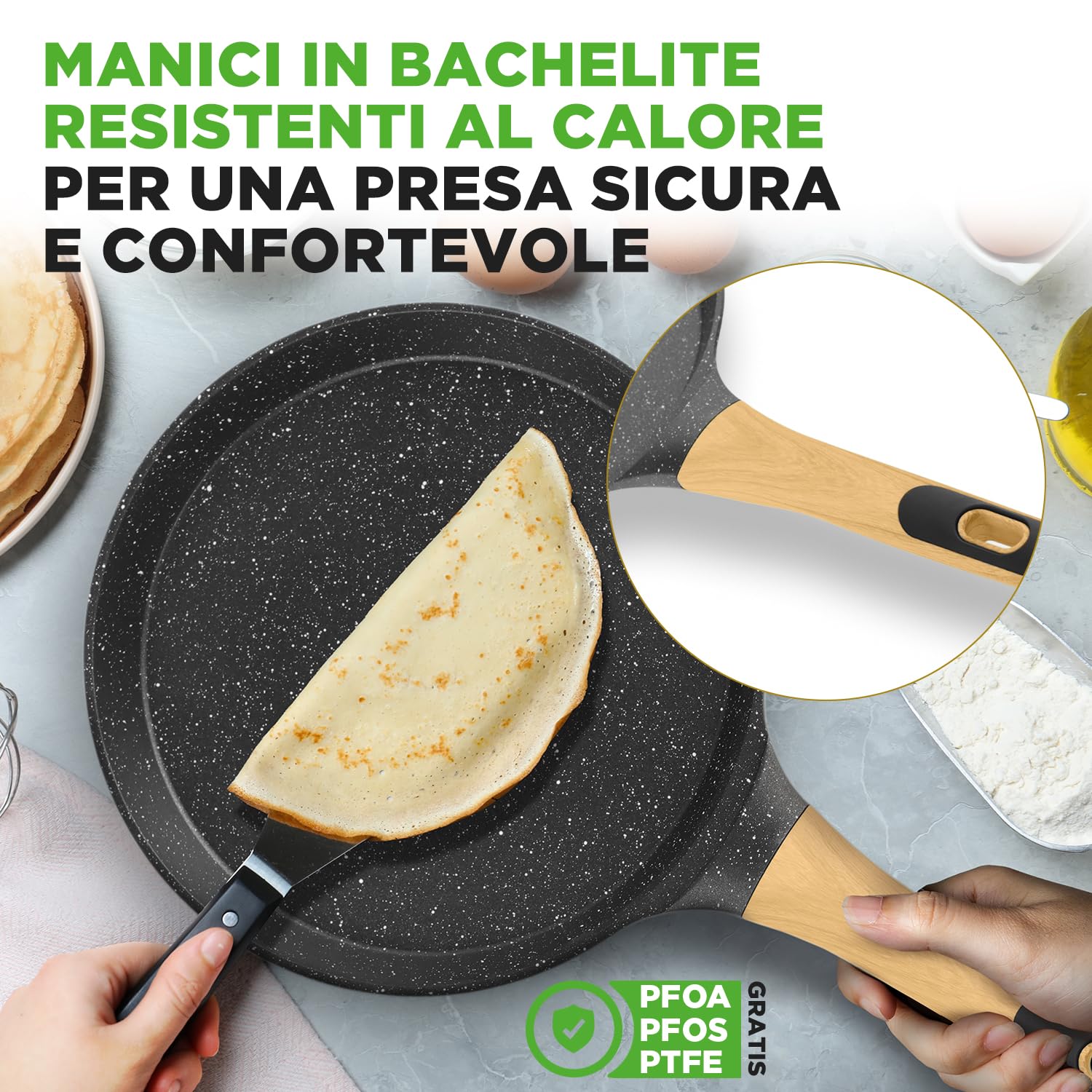 NutriChef Padella per Crepes, Crepiera Antiaderente 28 cm con Spatola in Legno, Rivestimento Marmo, Manico Ergonomico, Fondo Induzione, Ideale anche per Pancake, Bacon e Uova