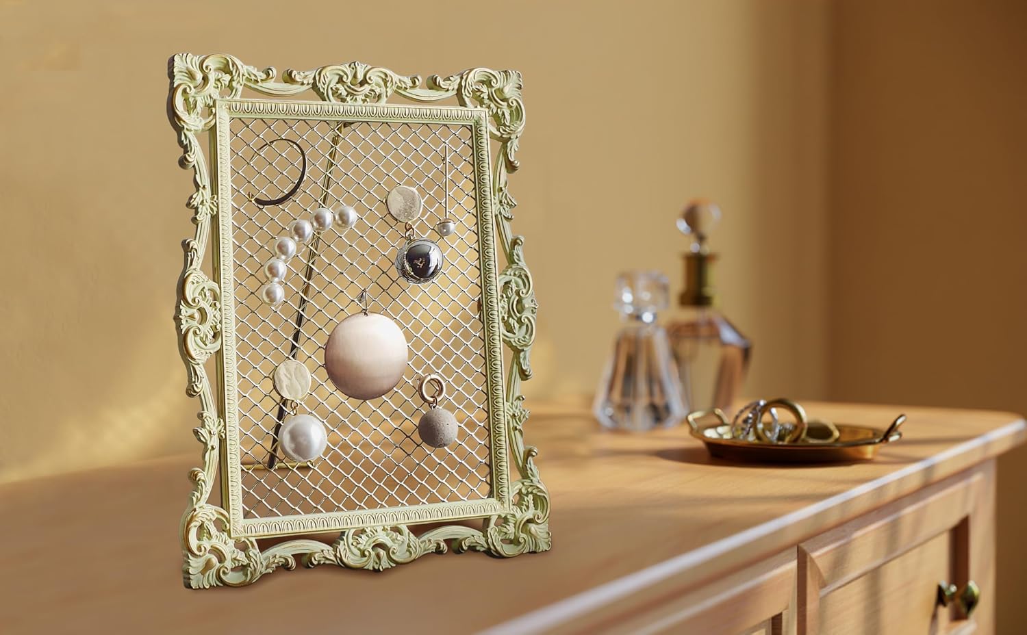 Baroque Metallic Jewelry Tower/Earring Organizer | For Home Decor, and Earrings (Ivory w/Gold Accents / 6.7”x8.6”x0.6”) Gift Box